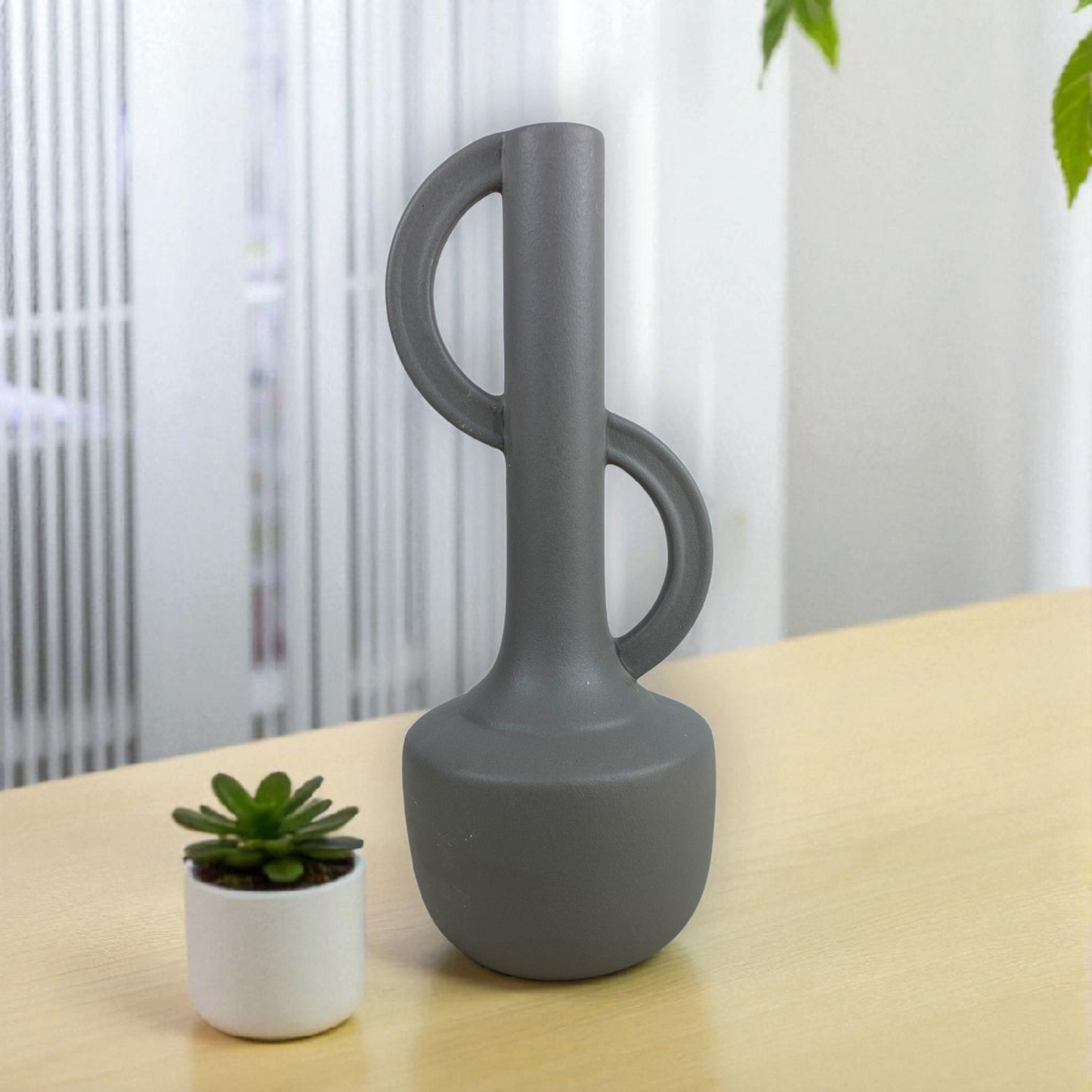 Dark Grey Ceramic Vase with Double Handle – Modern Sculptural Décor