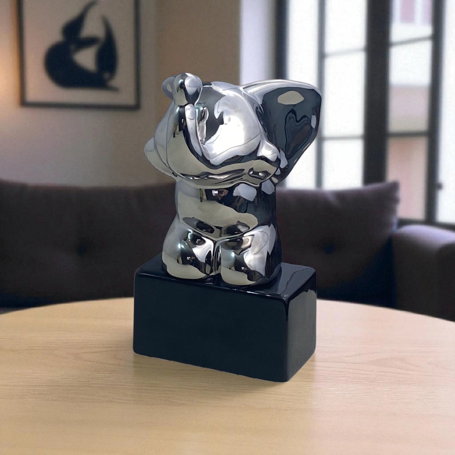 Silver Elephant Figurine on Black Base