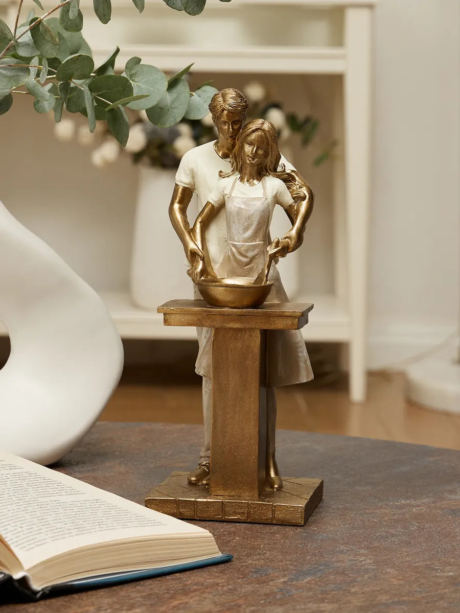Couple Cooking Together Statue – Bronze & White