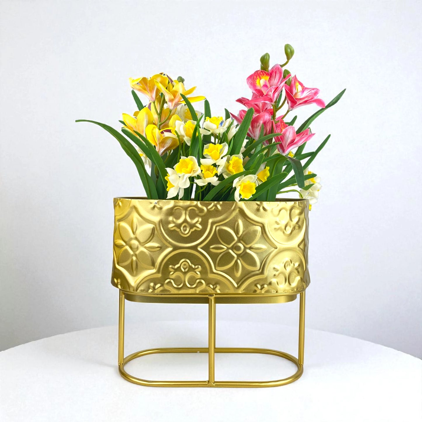 Gold Embossed Metal Planter with Stand