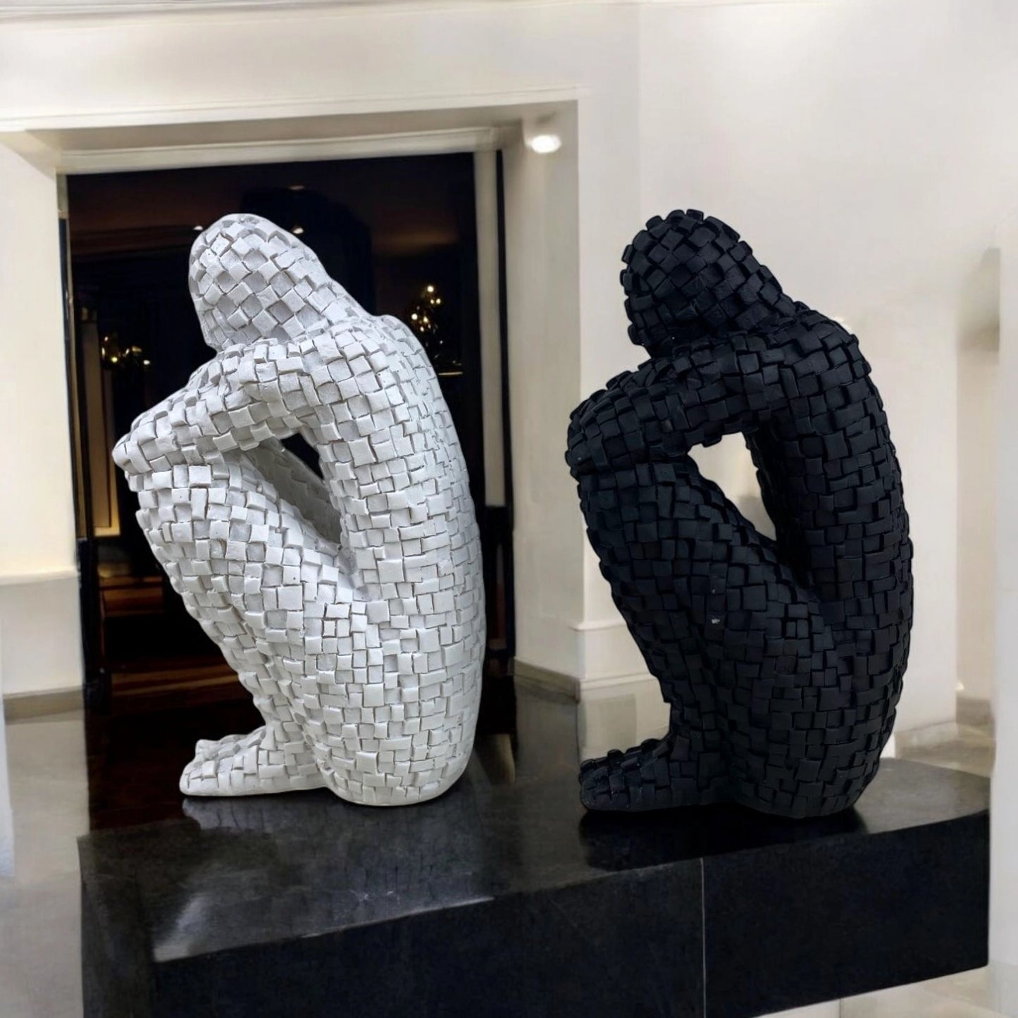 Mosaic Sitting Man Sculptures – Black & White Set