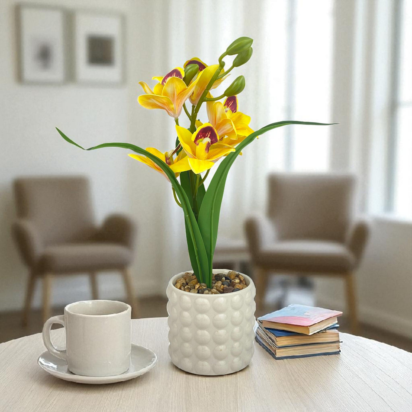 Artificial Yellow Orchid in White Ceramic Pot – Elegant Home & Office Décor