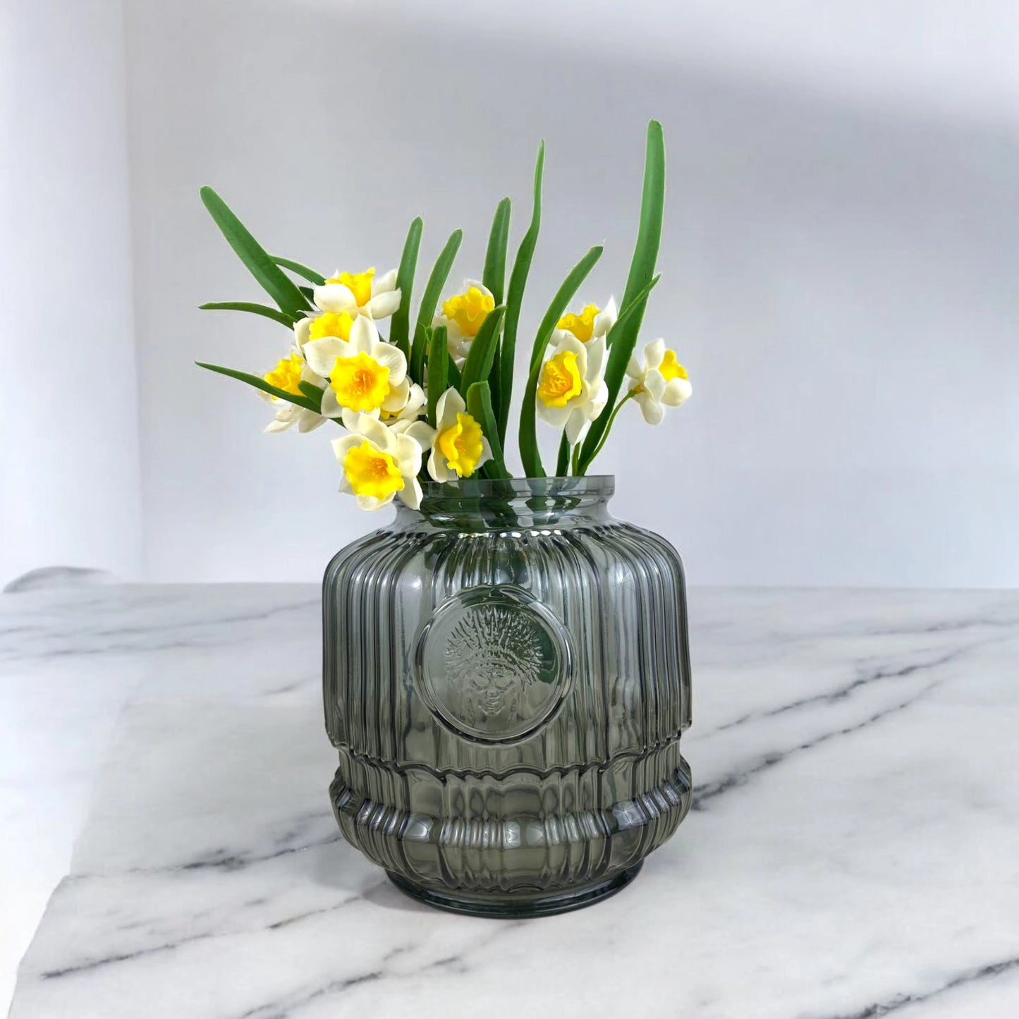 Smoky Glass Vase with Carved Pattern – Decorative Flower Holder