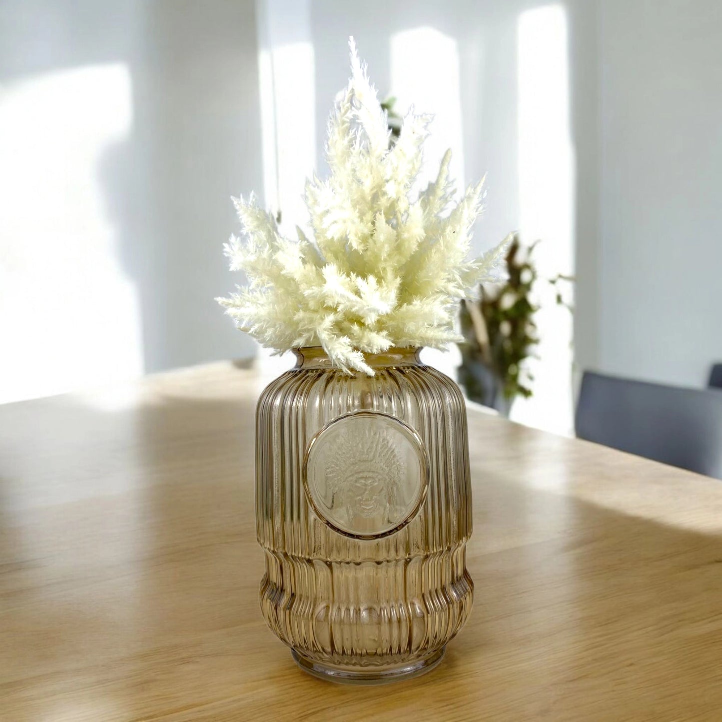 Amber Textured Glass Vase with Embossed Medallion – Vintage Style