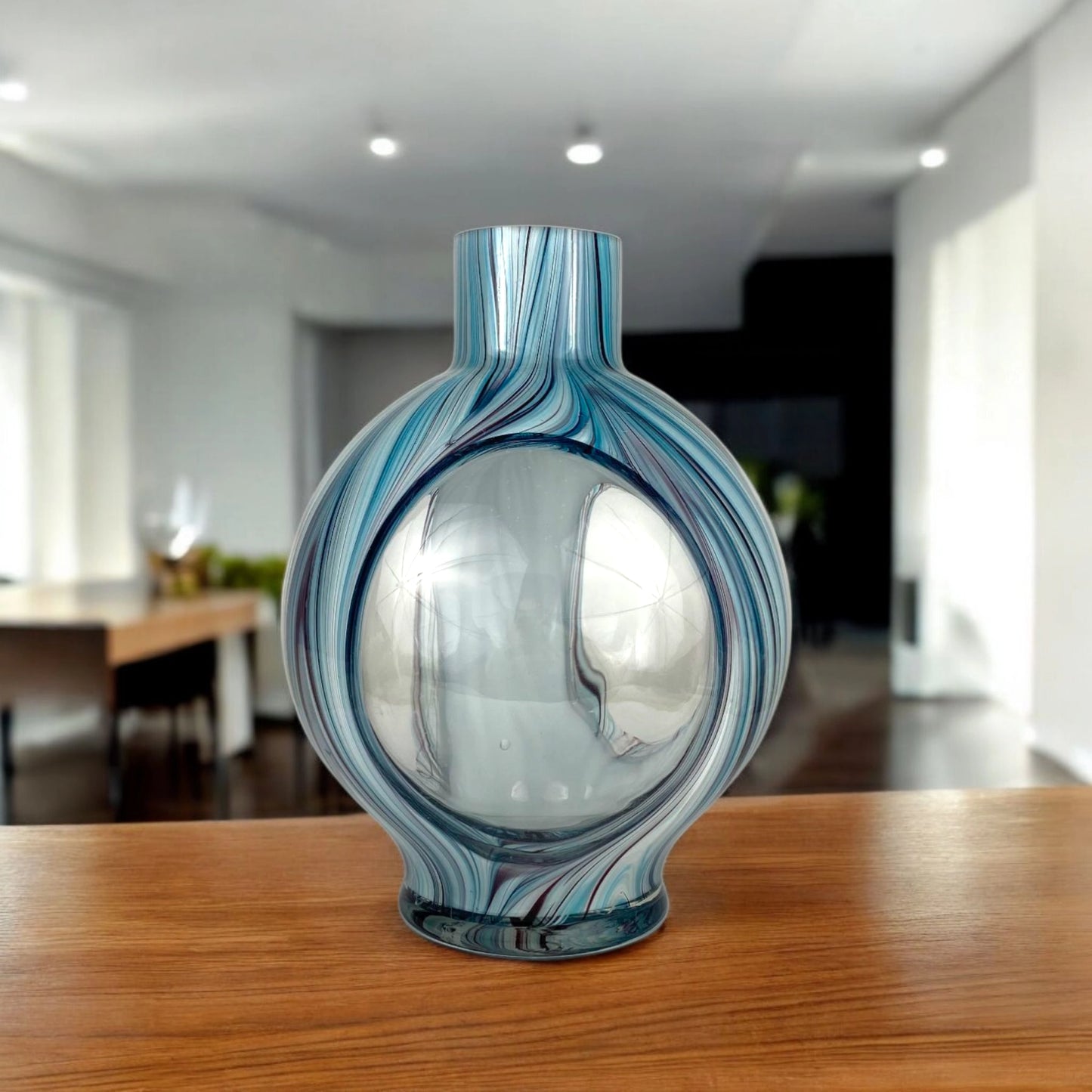 Round Swirl Glass Vase – Modern Blue Decorative Centerpiece