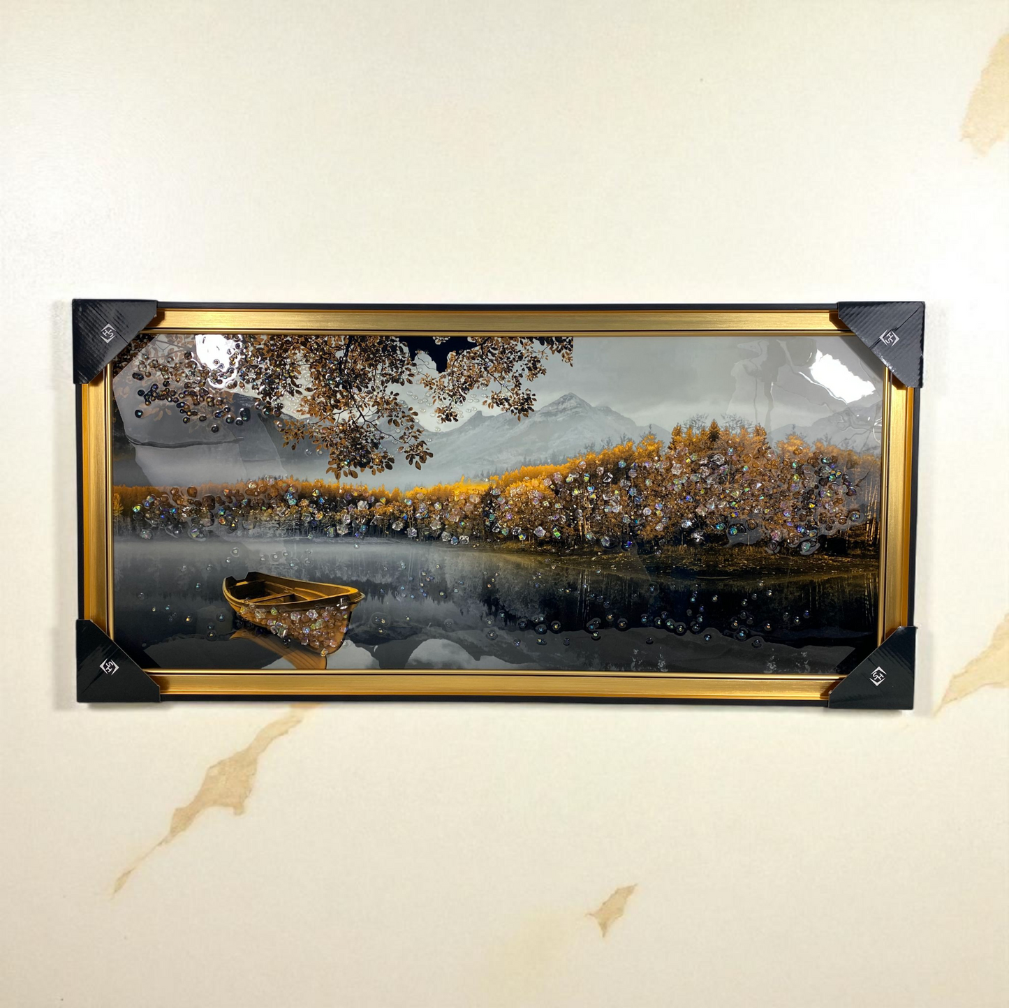 Golden Lake & Boat Panel – Tranquil Nature Wall Art
