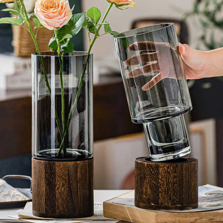Modern Cylinder Vase with Wooden Base