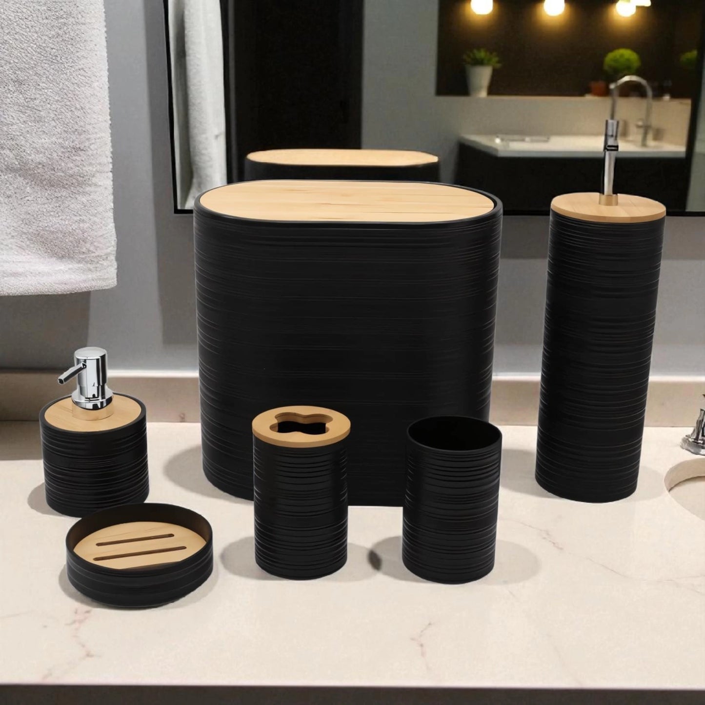 6-Piece black Bathroom Set – Bamboo Top & Textured Design