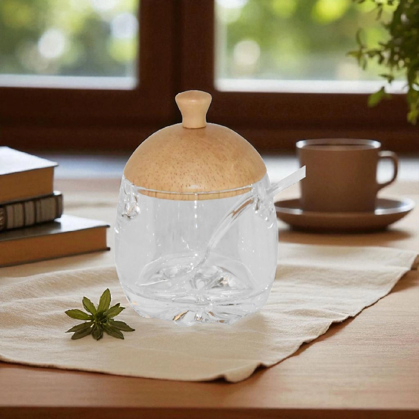 Glass Sugar Bowl with Wooden Lid & Spoon