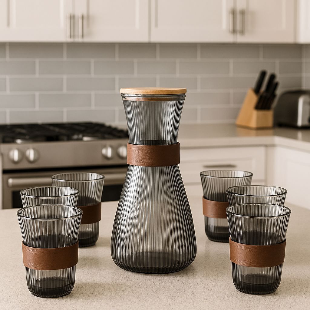 Smoke Grey Ribbed Glass Carafe Set with 6 Cups