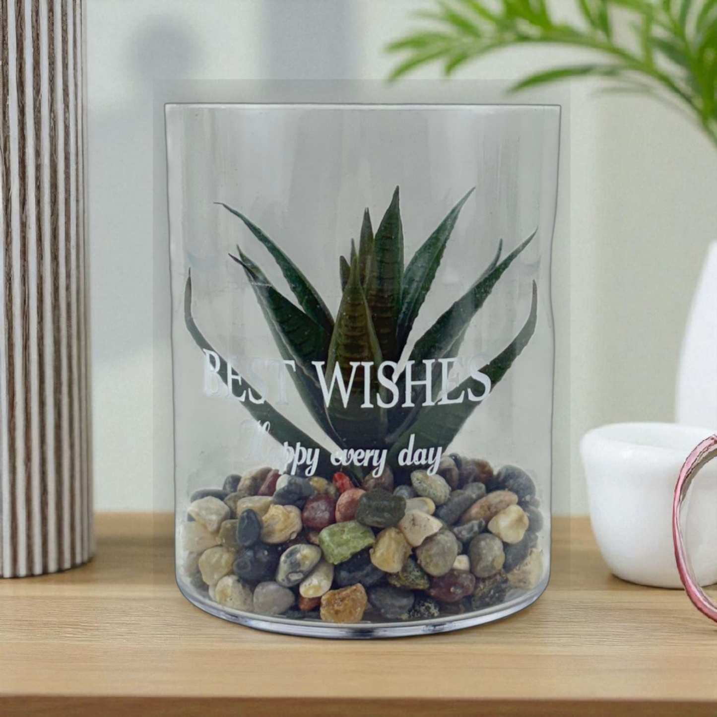Artificial Succulent in Glass Cylinder Pot with Pebbles – “Best Wishes” Décor