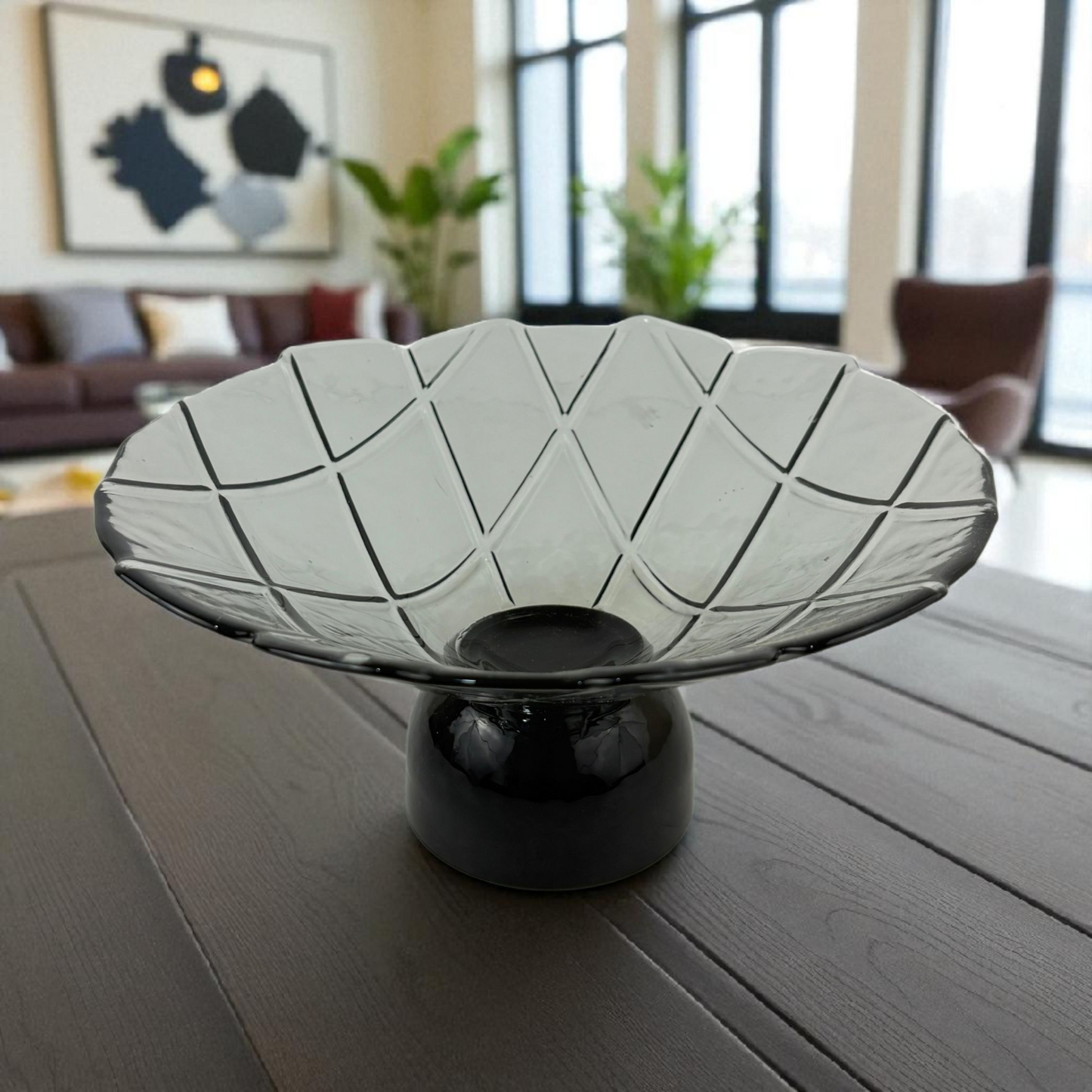 Smoky Glass Pedestal Bowl – Diamond Pattern