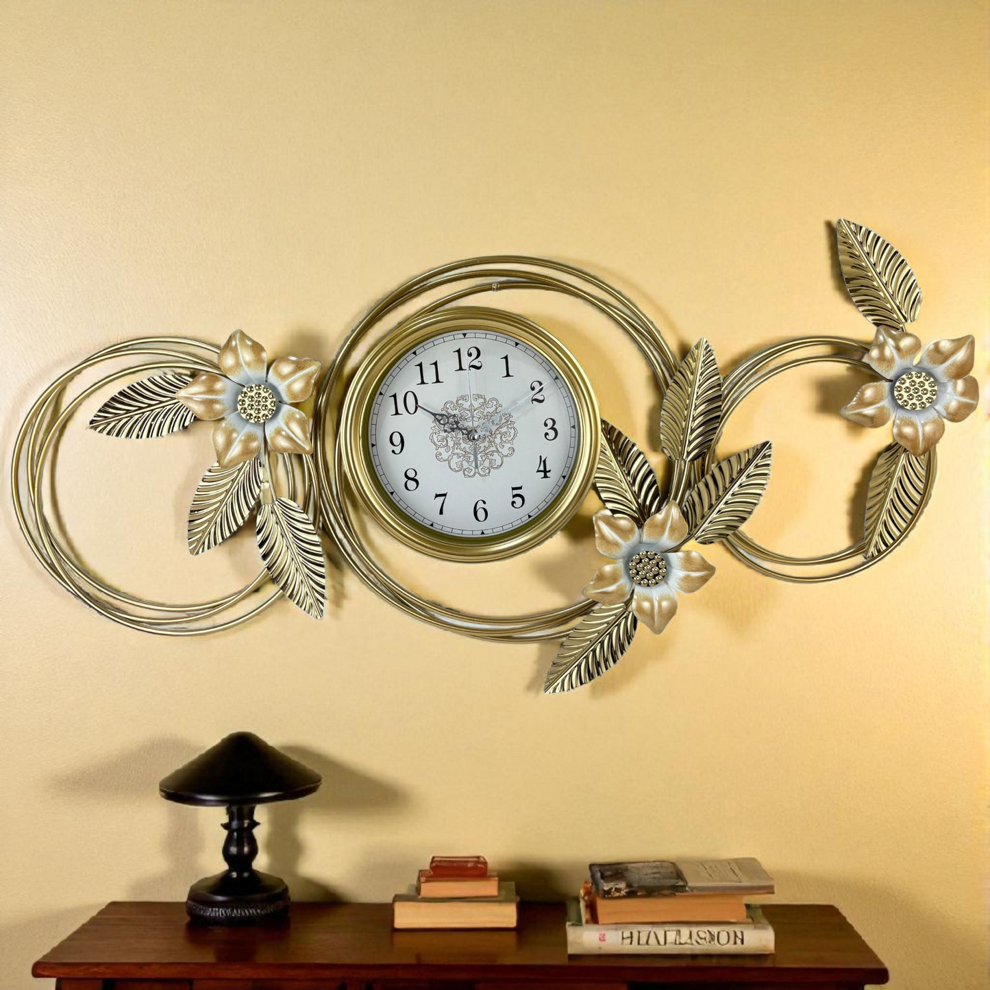 Luxury Gold Floral Metal Wall Clock – Circle Leaf Design