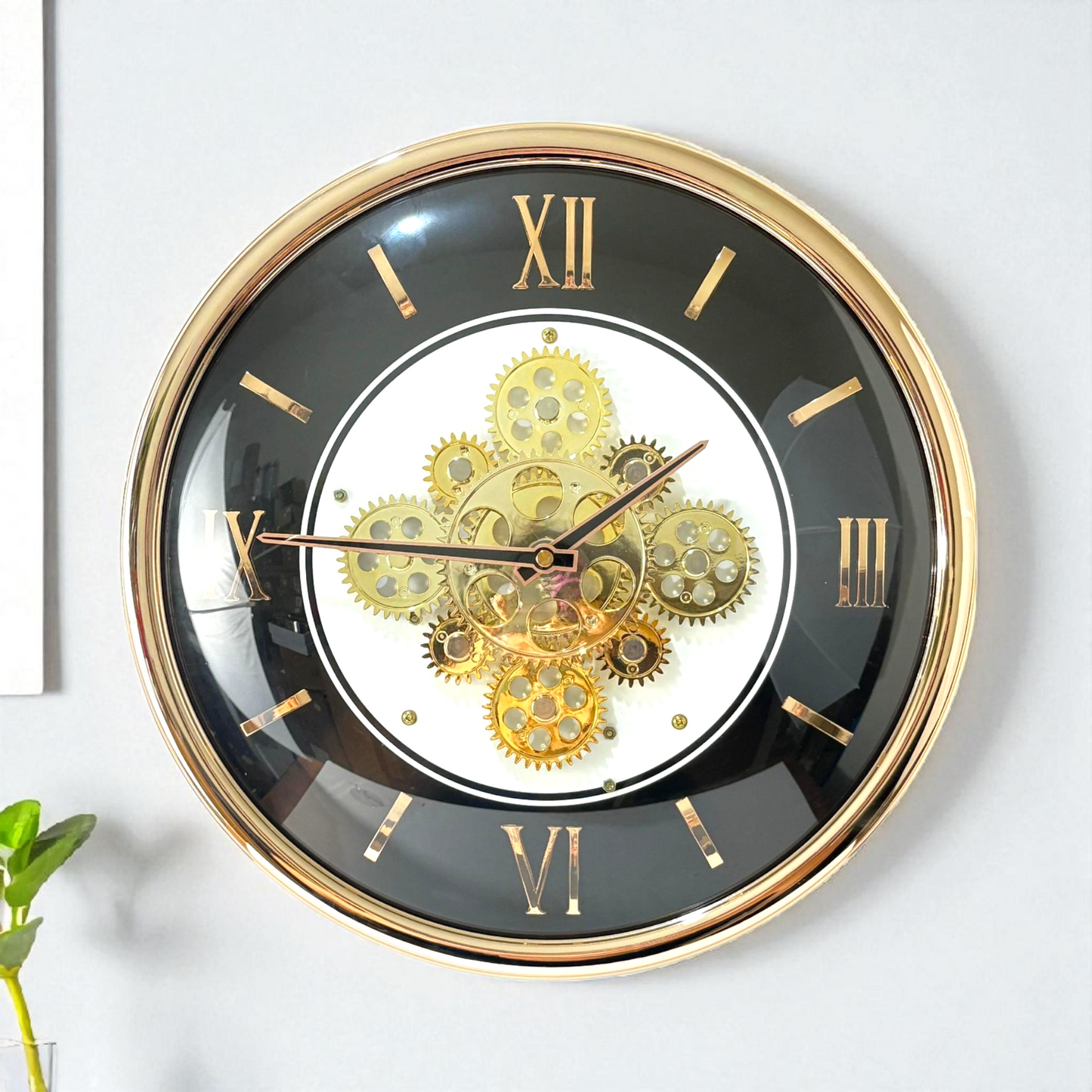 Classic Black & Gold Gear Wall Clock – Roman Numeral Design