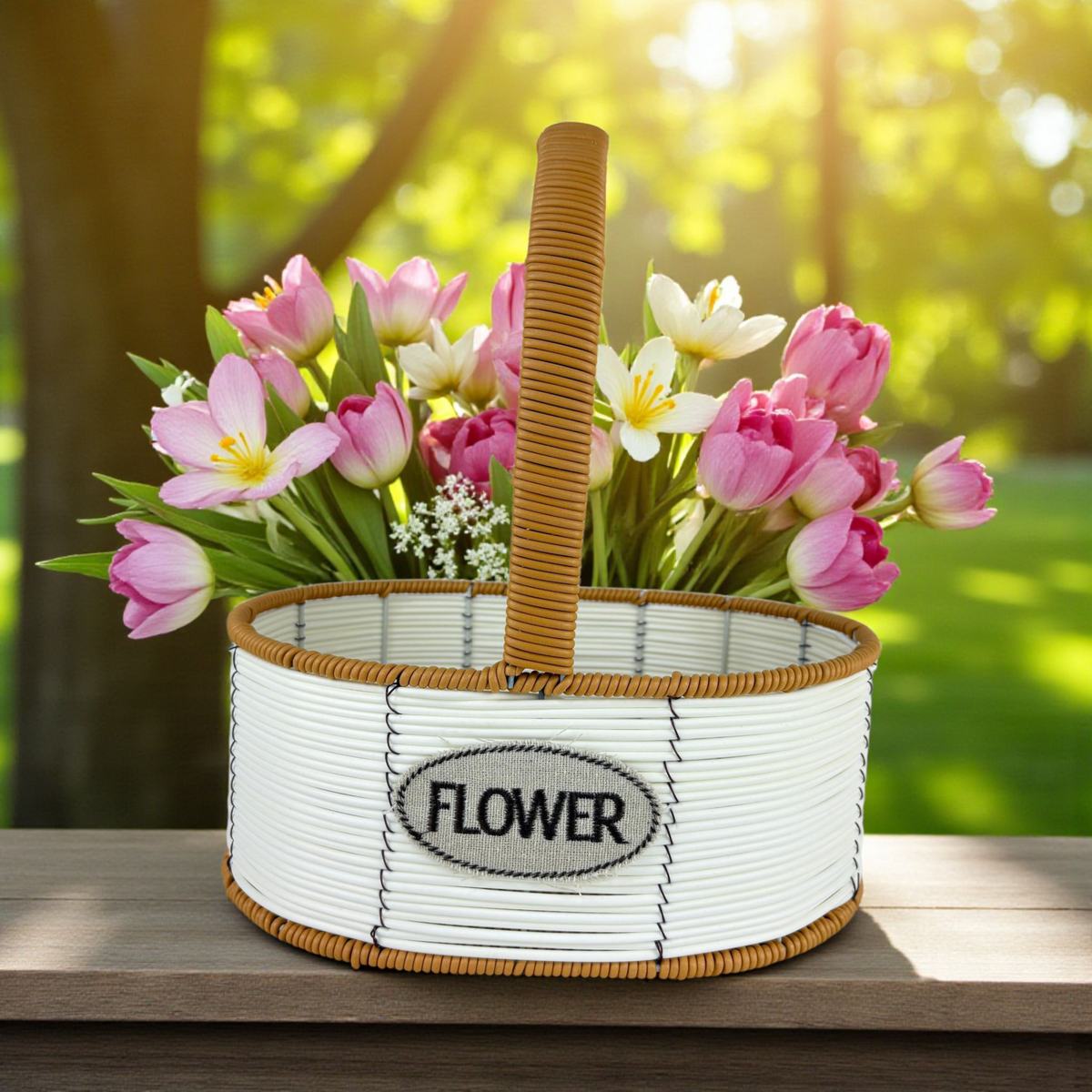 Medium Oval Flower Basket with Handle – Decorative White & Brown Woven Organizer