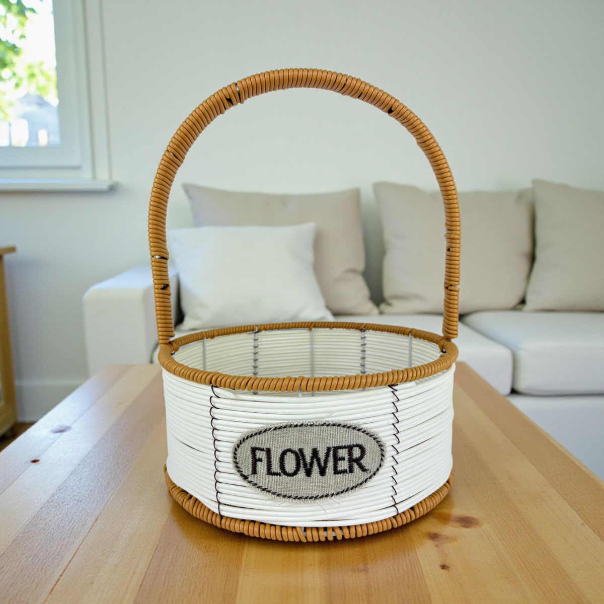 Small Round Decorative Flower Basket with Handle – White & Brown Woven Storage Organizer