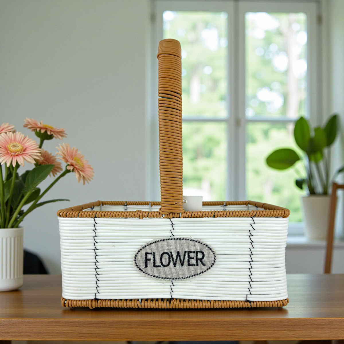 Small Rectangular Flower Basket with Handle – White & Brown Woven Decorative Organizer