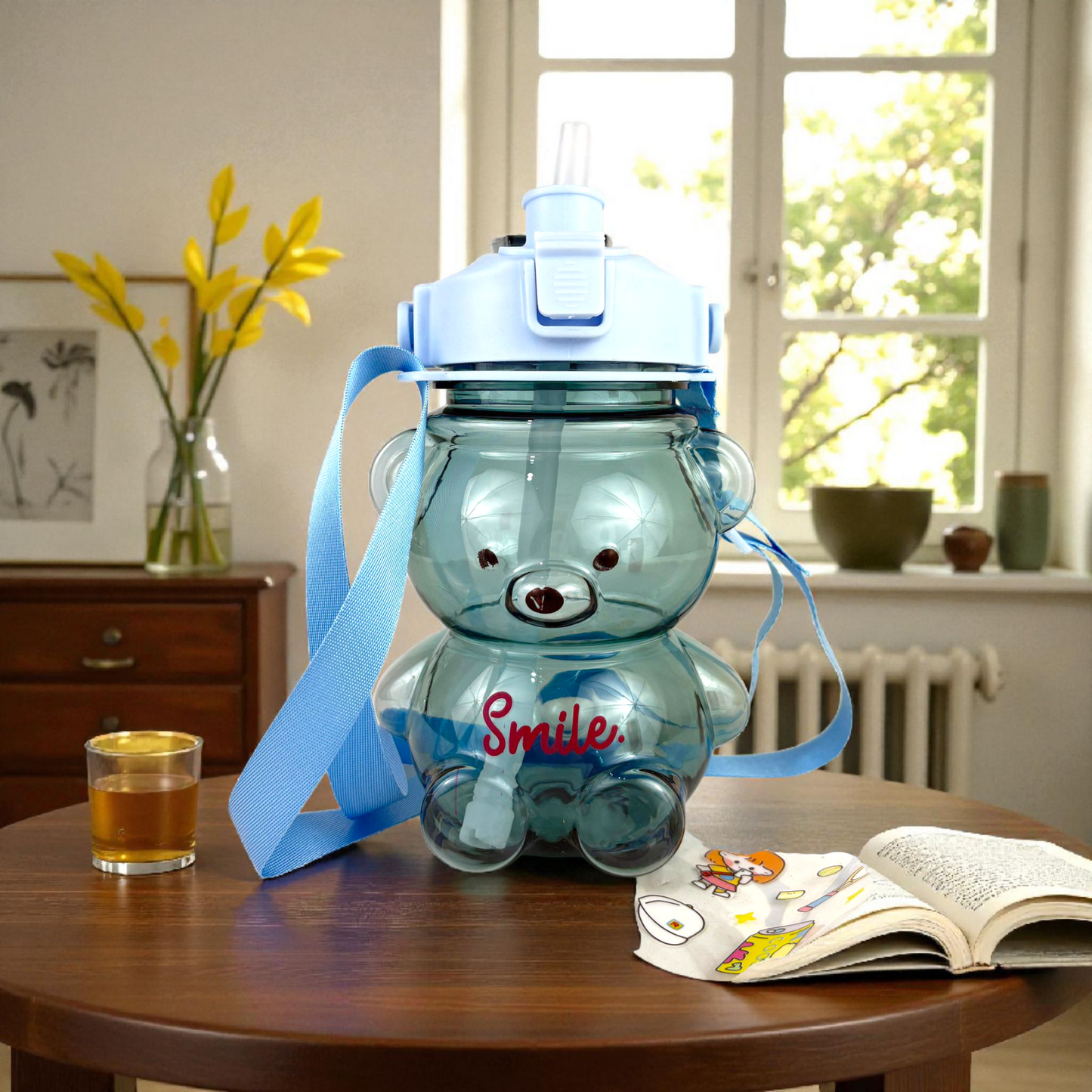 Kids Bear Water Bottle – Cute Smile Teddy Design, BPA-Free Leak-Proof Bottle with Strap, 600ml (Blue)