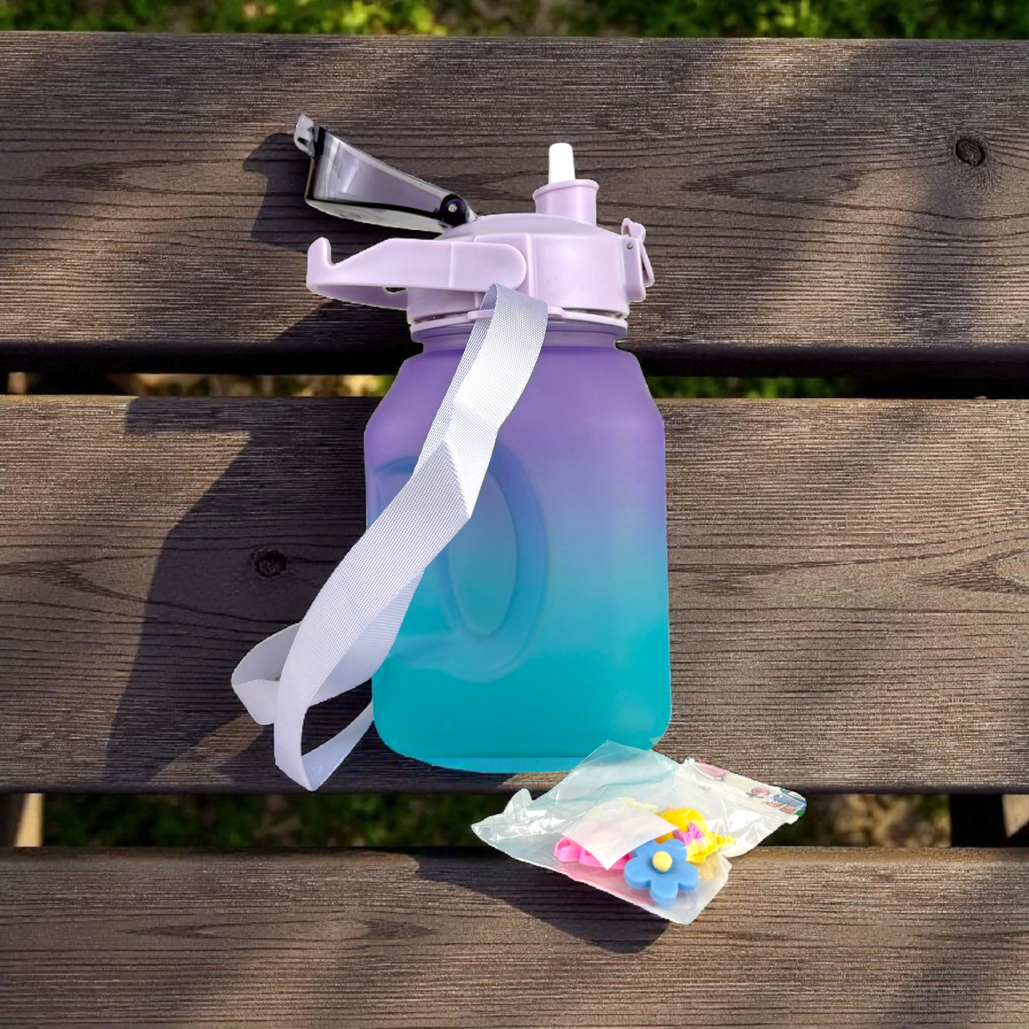 1L Gradient Motivational Water Bottle with Straw & Strap – Leak-Proof Hydration Tracker (Purple & Teal)