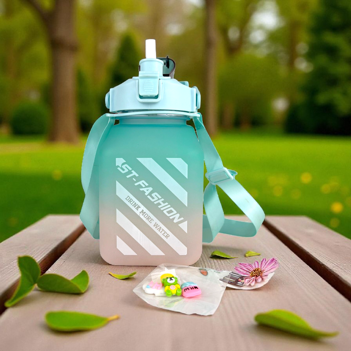 Kids Motivational Gradient Water Bottle – Leak-Proof Straw Bottle with Time Marker & Strap (green –brown, 1L)