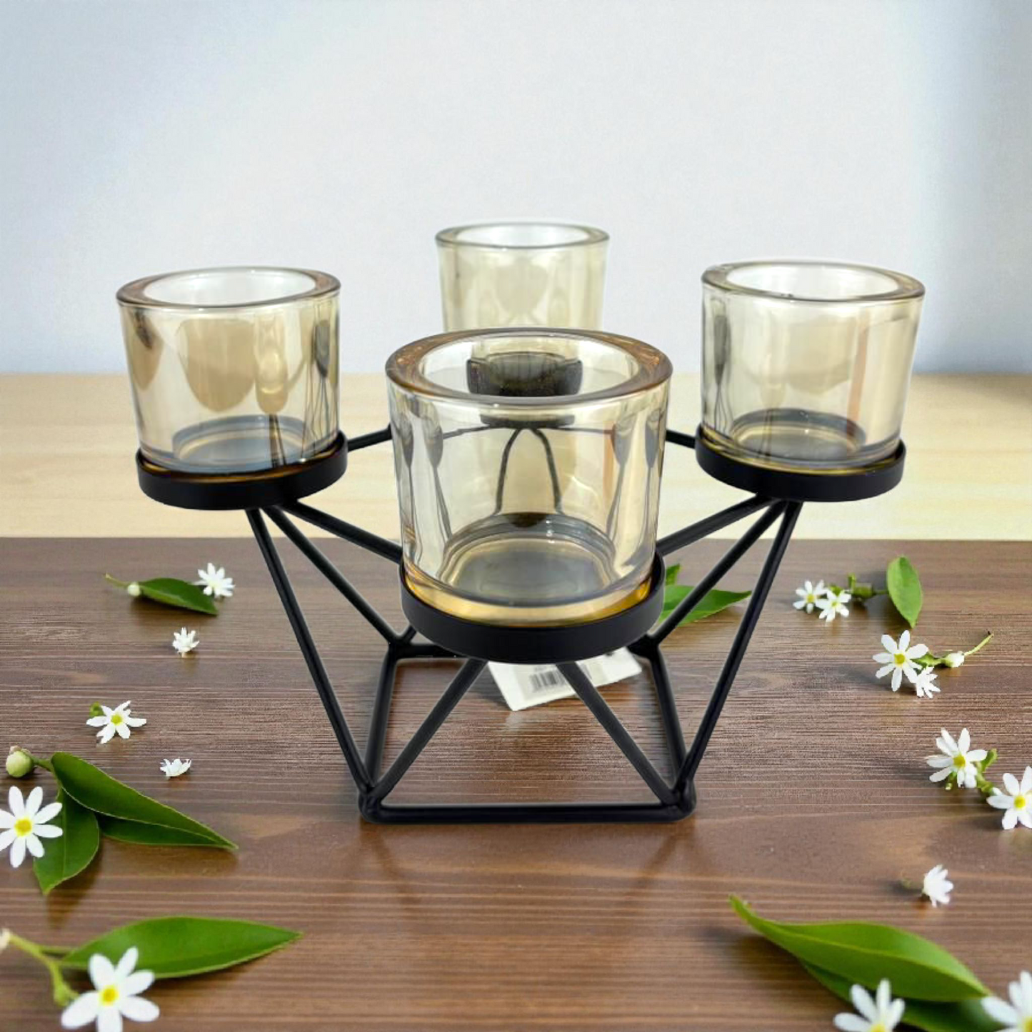 Modern 4-Cup Geometric Candle Holder – Black Metal Frame with Amber Glass Cups
