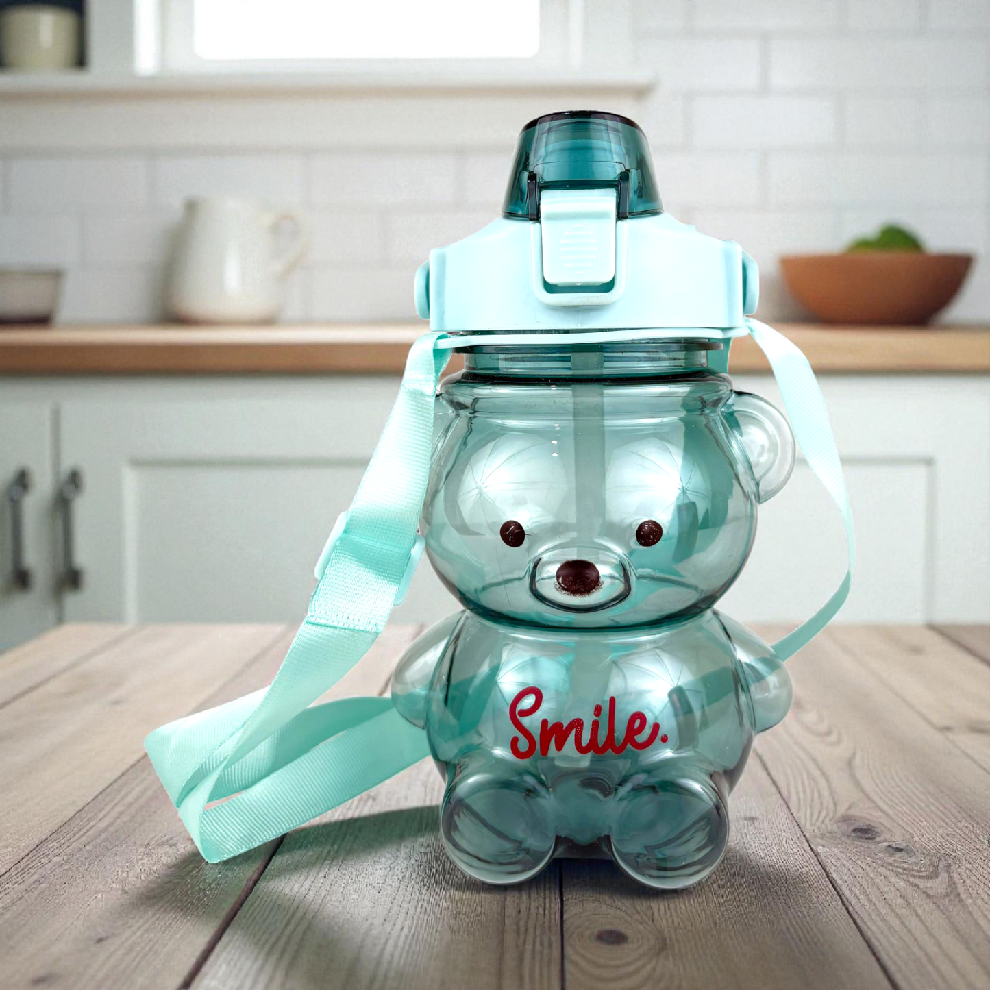 Kids Bear Water Bottle – Cute Smile Teddy Design, BPA-Free Leak-Proof Bottle with Strap, 600ml (Mint Blue)