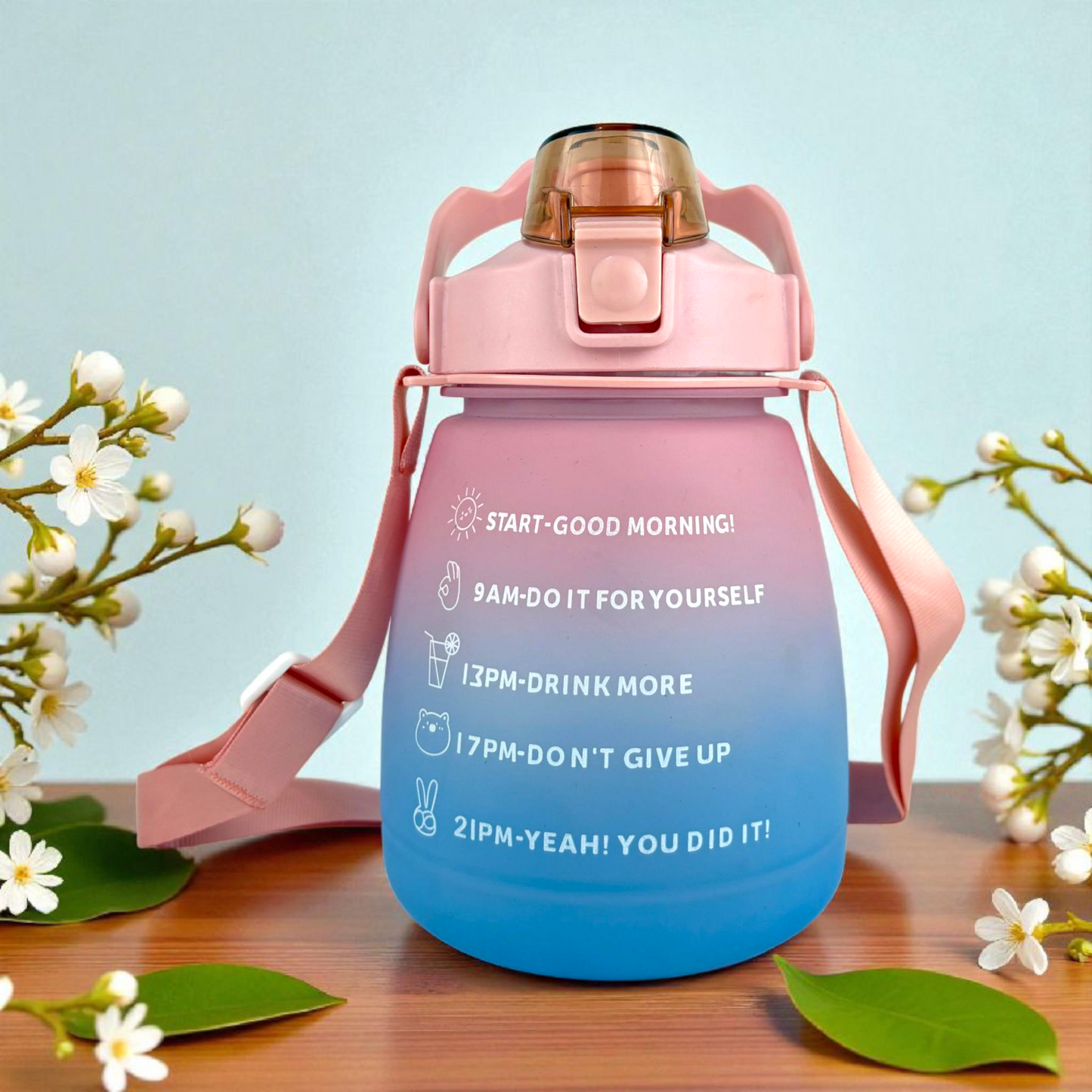 Kids Motivational Gradient Water Bottle – Leak-Proof Straw Bottle with Time Marker & Strap (Pink–Blue, 1L)