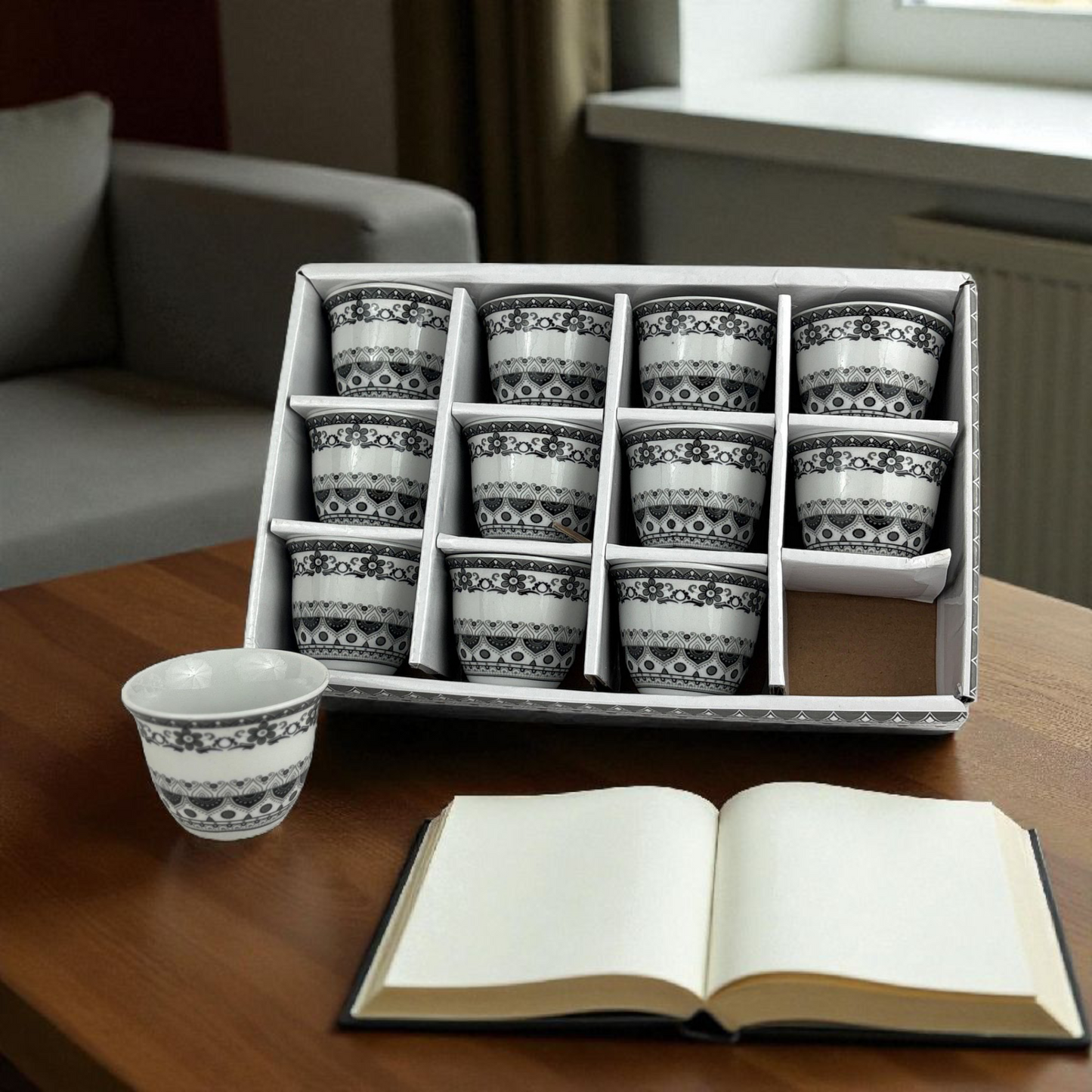 12-Piece Arabic Coffee Cups Set – black Traditional Pattern Finjan (Premium Ceramic)