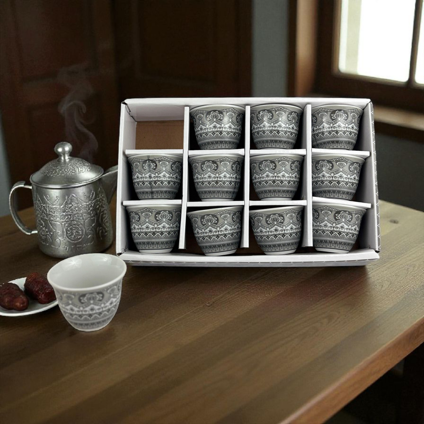 12-Piece Arabic Coffee Cups Set – Premium Ceramic Finjan with Traditional Grey Arabian Pattern