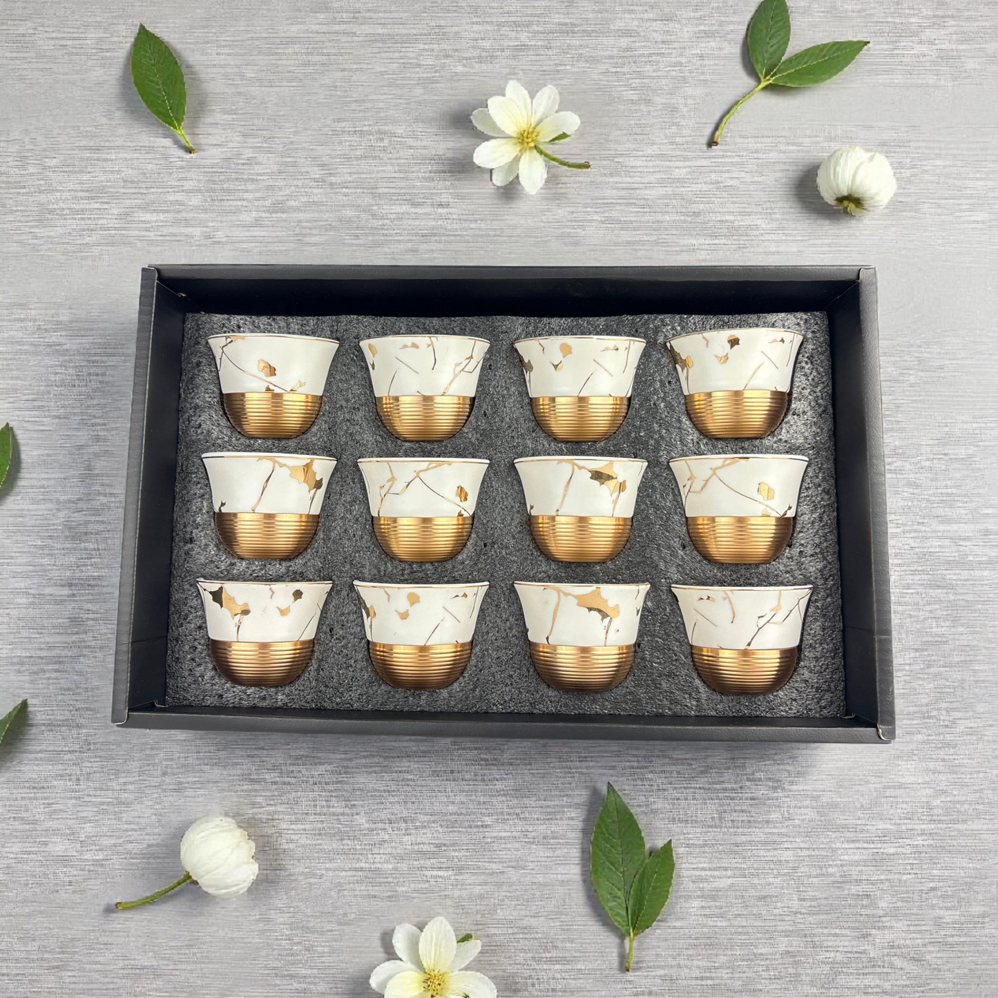 12-Piece Luxury Arabic Coffee Cups – White & Gold Marble Finjan Set (Premium Ceramic)