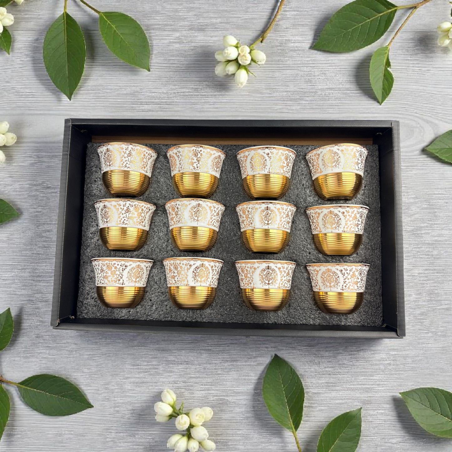12-Piece Luxury Arabic Coffee Cups – White & Gold Marble Finjan Set (Premium Ceramic)
