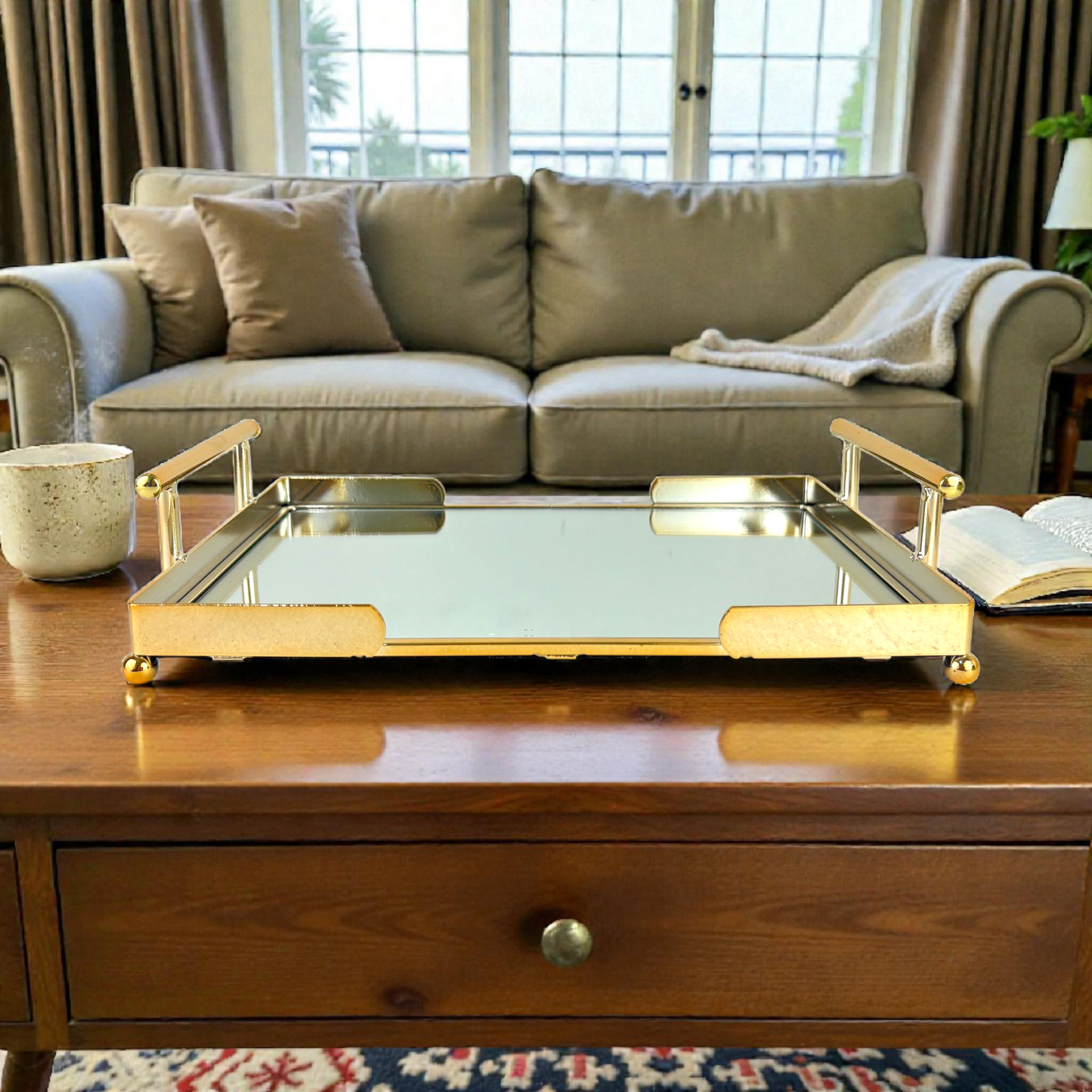 Luxury Gold Mirrored Serving Tray with Handles – Decorative Vanity Tray for Coffee Table & Home Décor