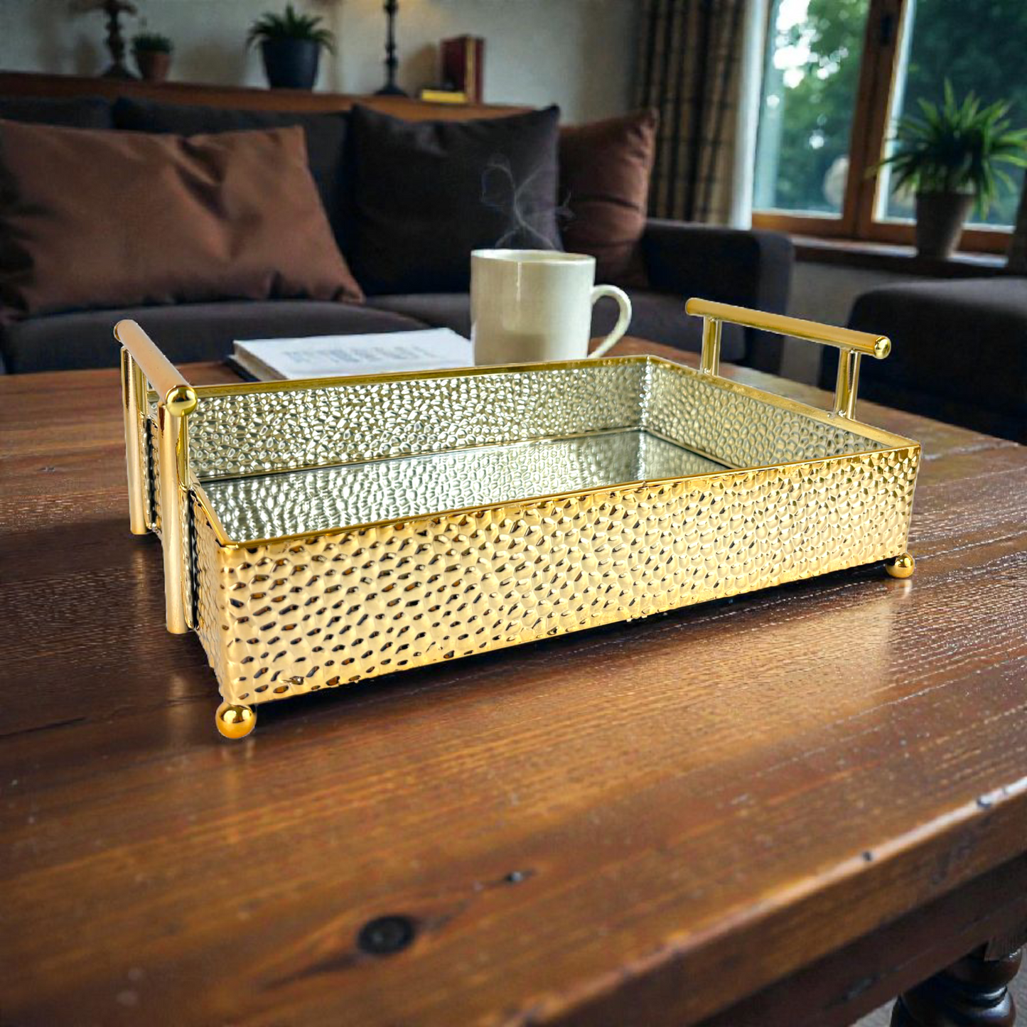 Hammered Gold Decorative Serving Tray with Handles – Luxury Mirrored Coffee Table Tray for Home Décor