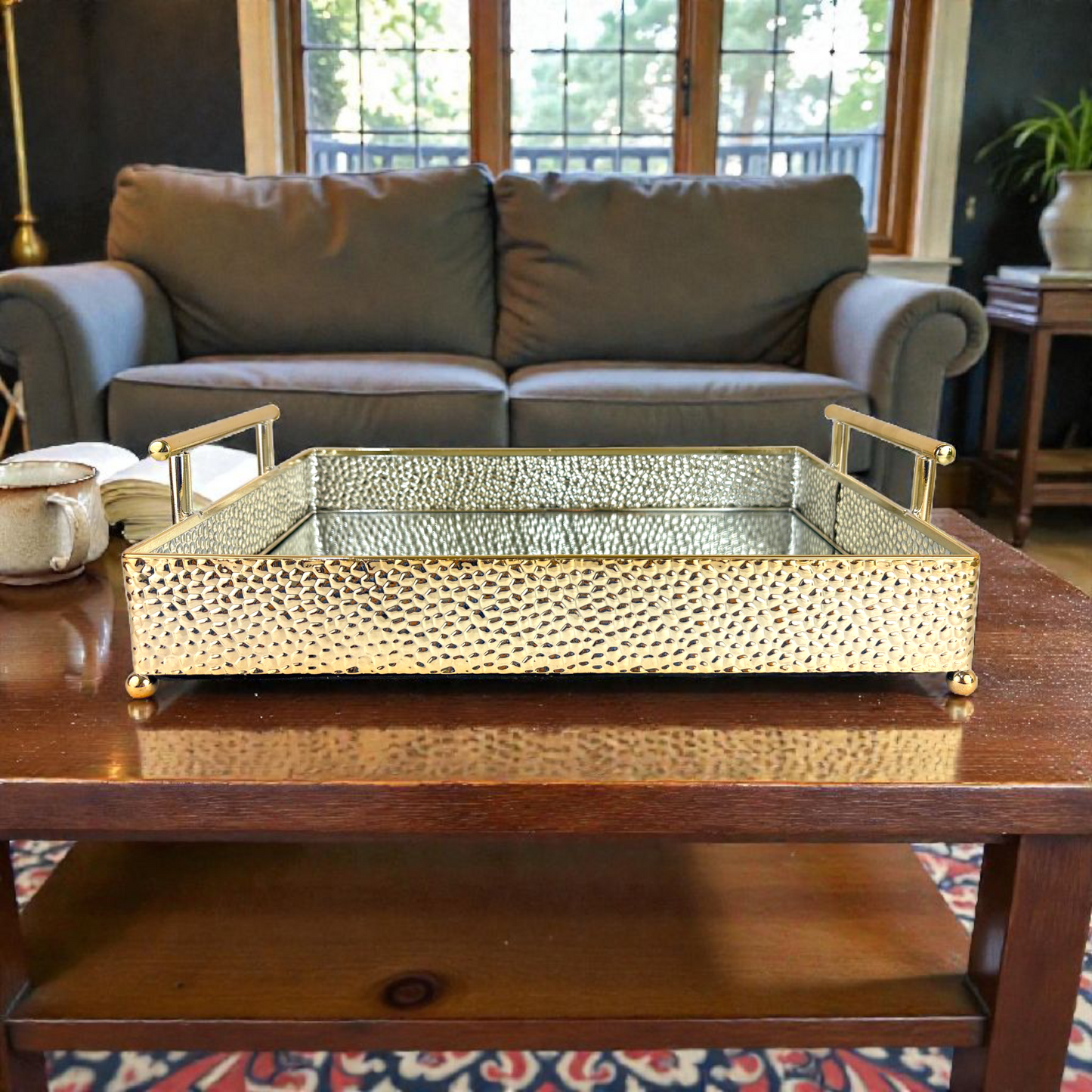 Hammered Gold Decorative Serving Tray with Handles – Luxury Mirrored Coffee Table Tray for Home Décor