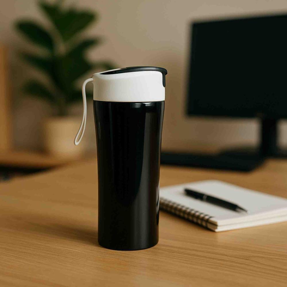Black & White Insulated Travel Mug – Leak-Proof Coffee Tumbler with Flip Lid