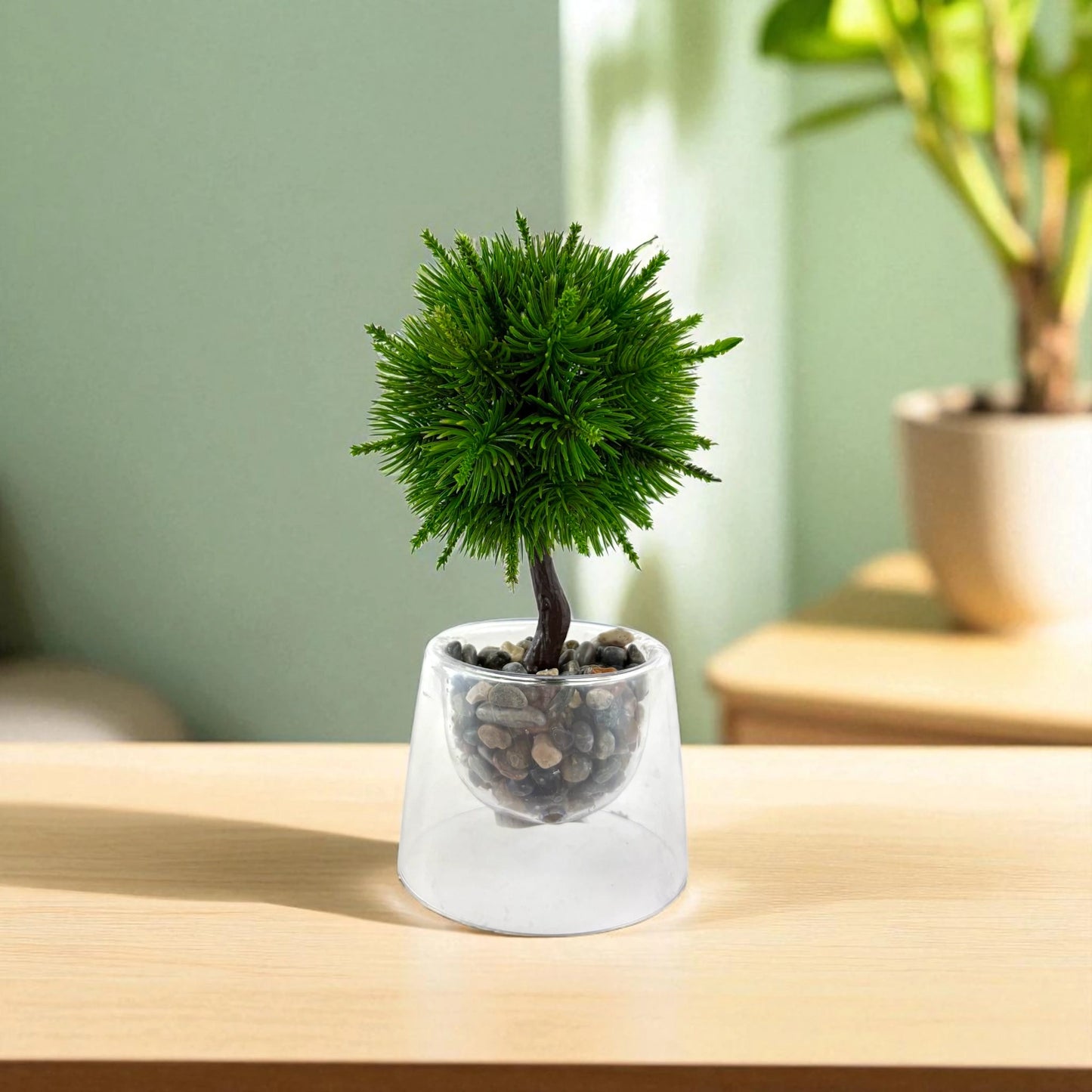 Mini Artificial Pine Tree in Glass Pot – Pebble Base Decor