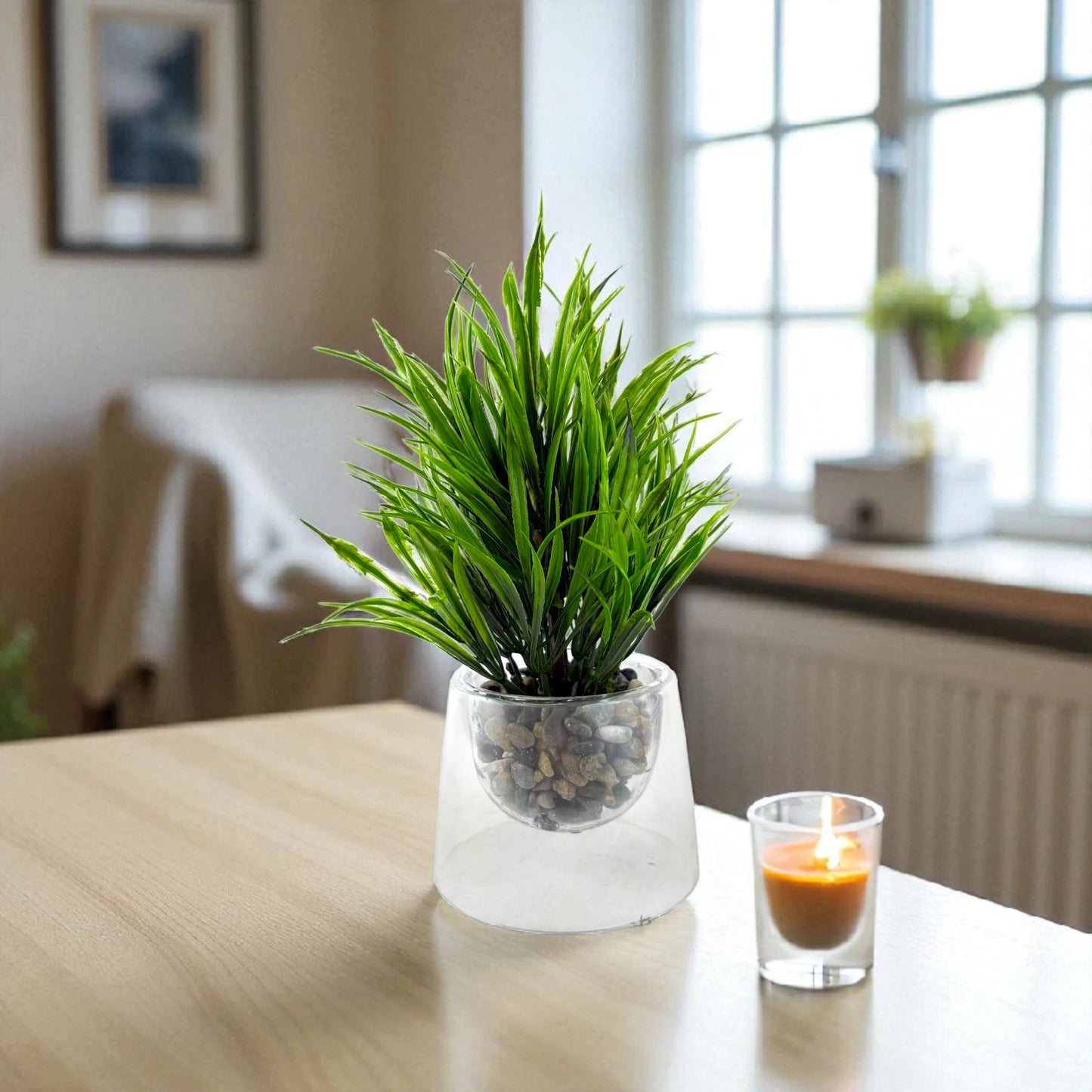 Artificial Grass Plant in Glass Pot – Pebble Base