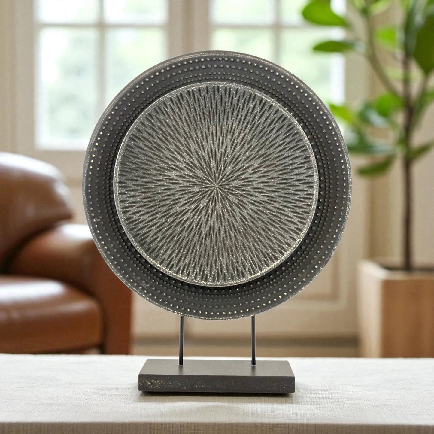 Textured Black Mandala Disc Sculpture – Decorative Stand Art