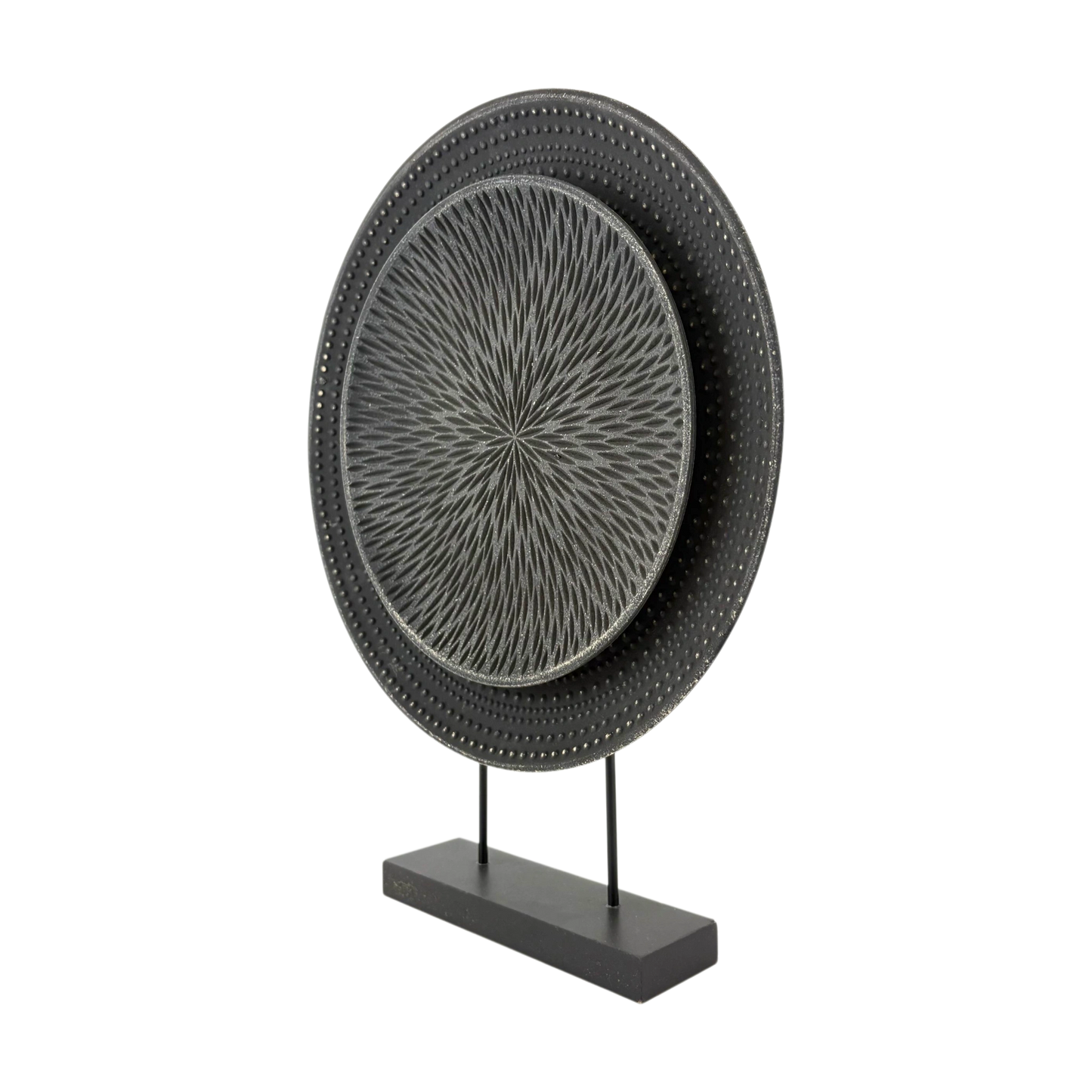 Textured Black Mandala Disc Sculpture – Decorative Stand Art