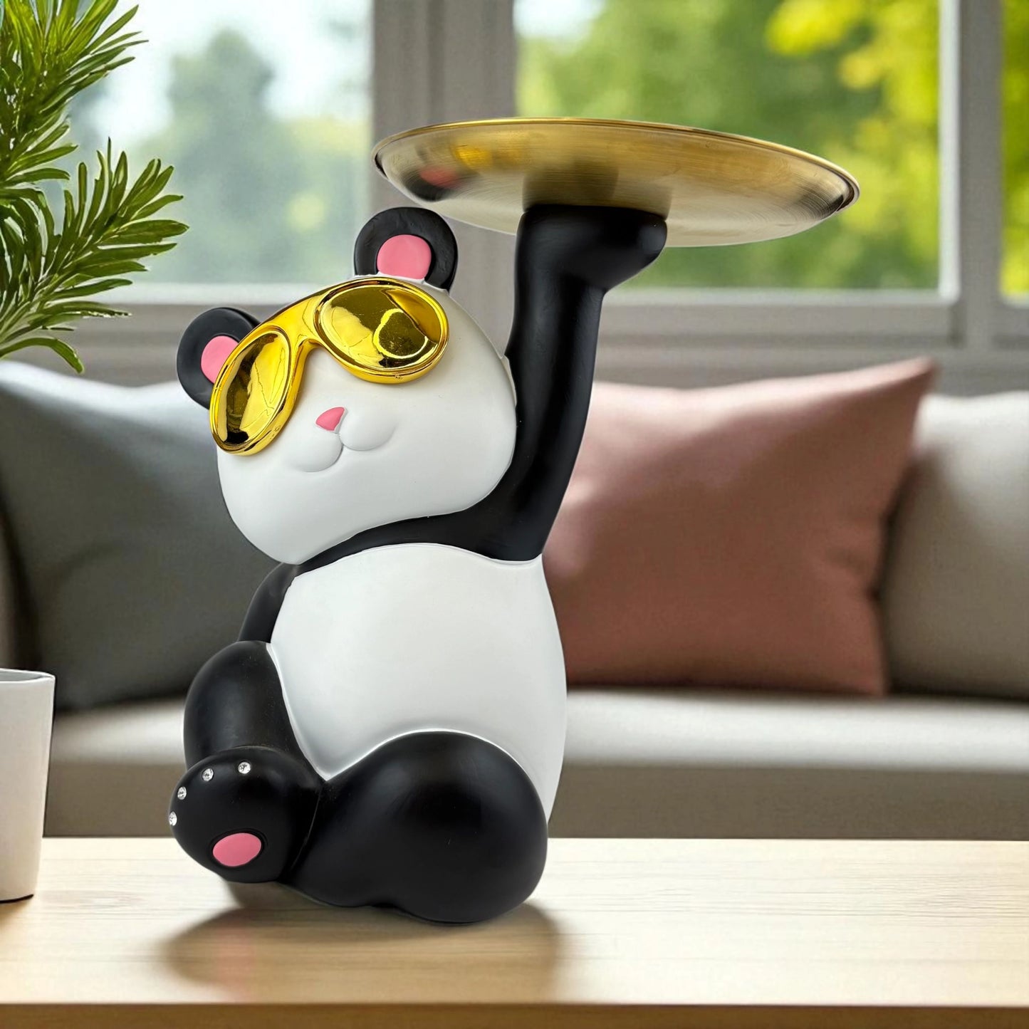 Panda Figurine Decorative Tray with Gold Sunglasses