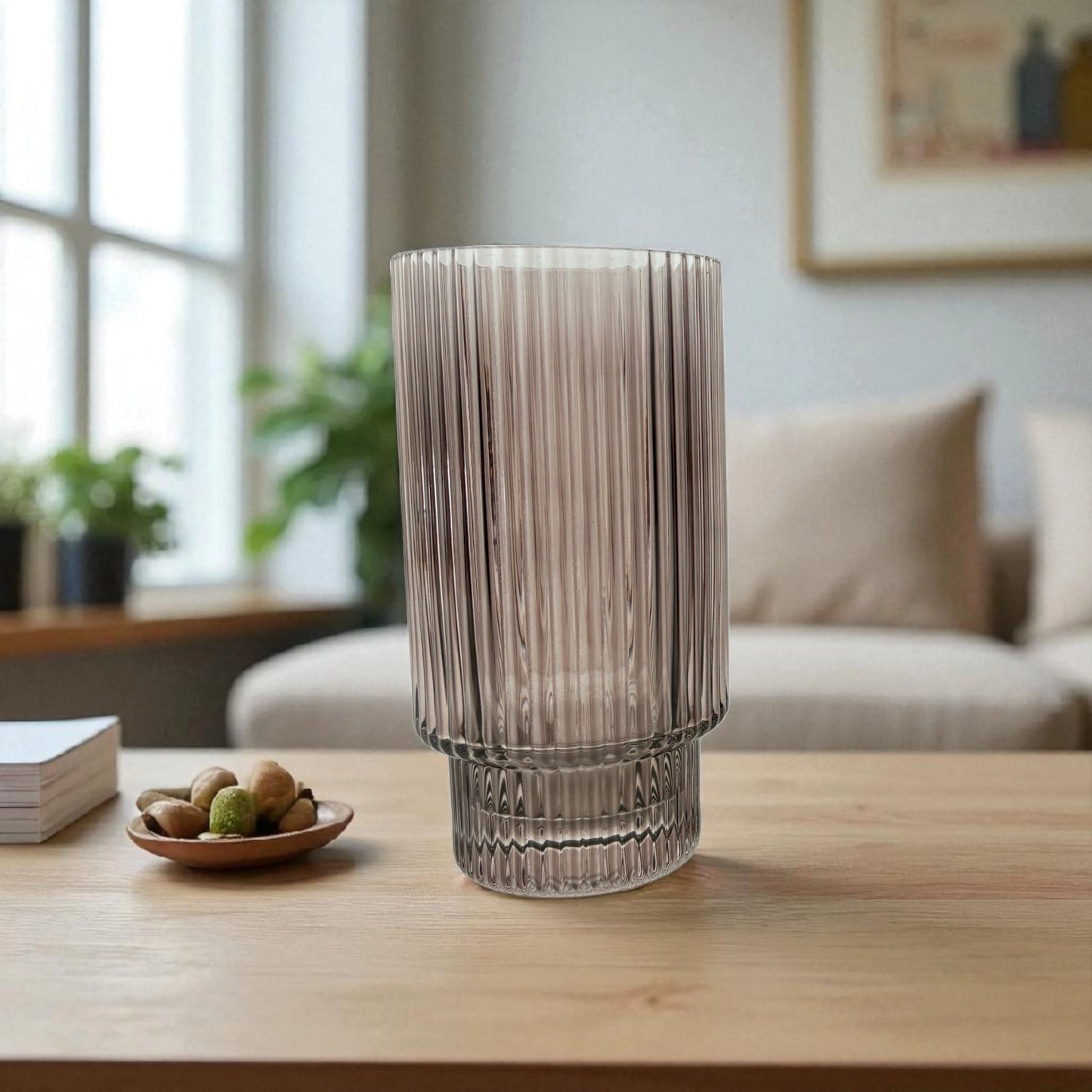 Tall Ribbed Glass Tumbler – Modern Drinking Glass 12pcs