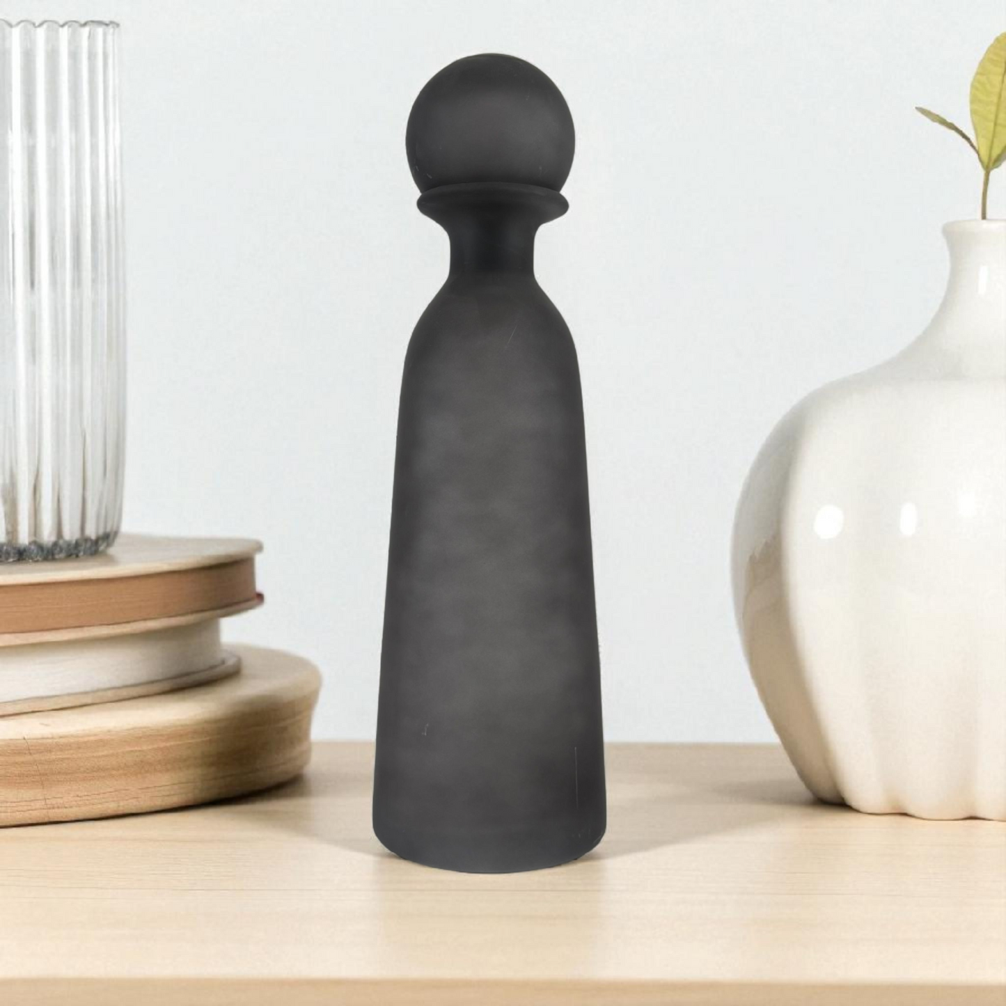 Matte Black Glass Vase with Round Stopper – Modern Decorative Accent