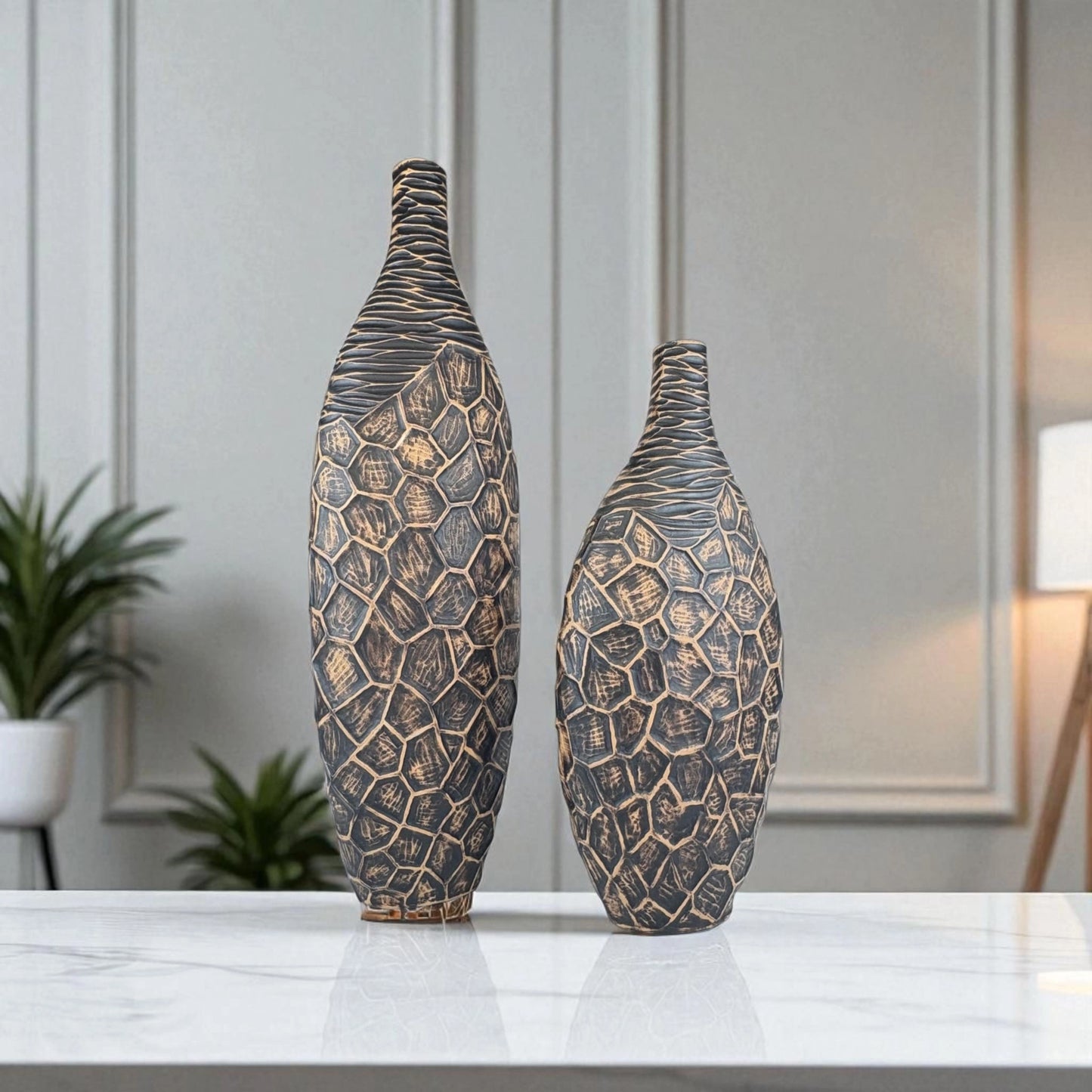 Geometric Textured Vases – Set of 2 Modern Tribal Decor