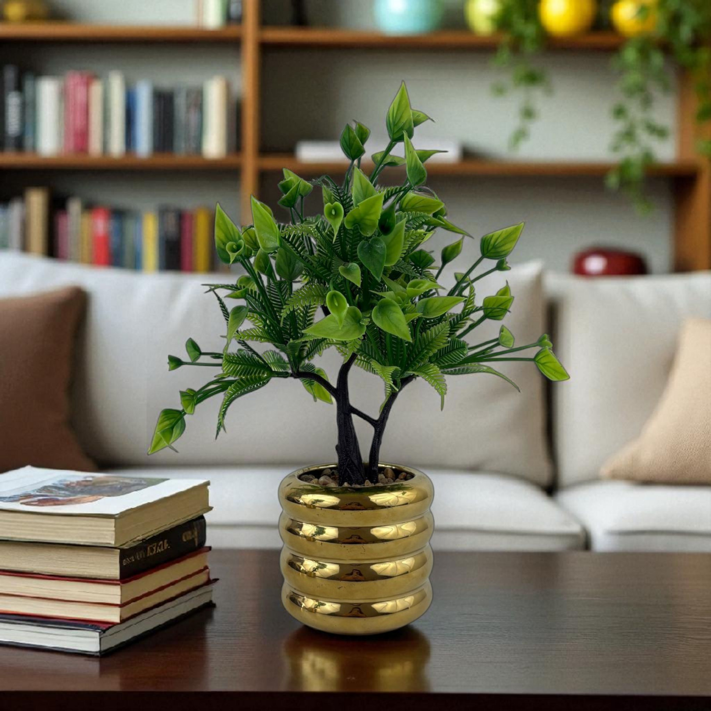 Artificial Decorative Plant in Gold Ceramic Pot – Indoor Tabletop Décor