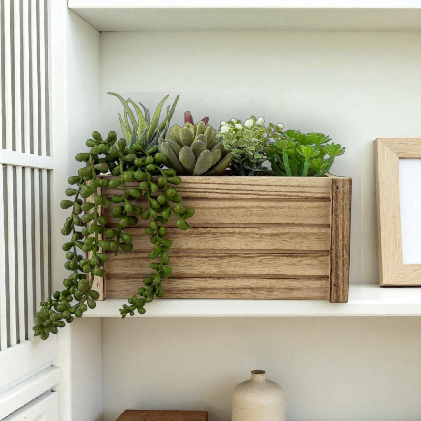 Artificial Succulent Arrangement in Wooden Box – Rustic Home Décor