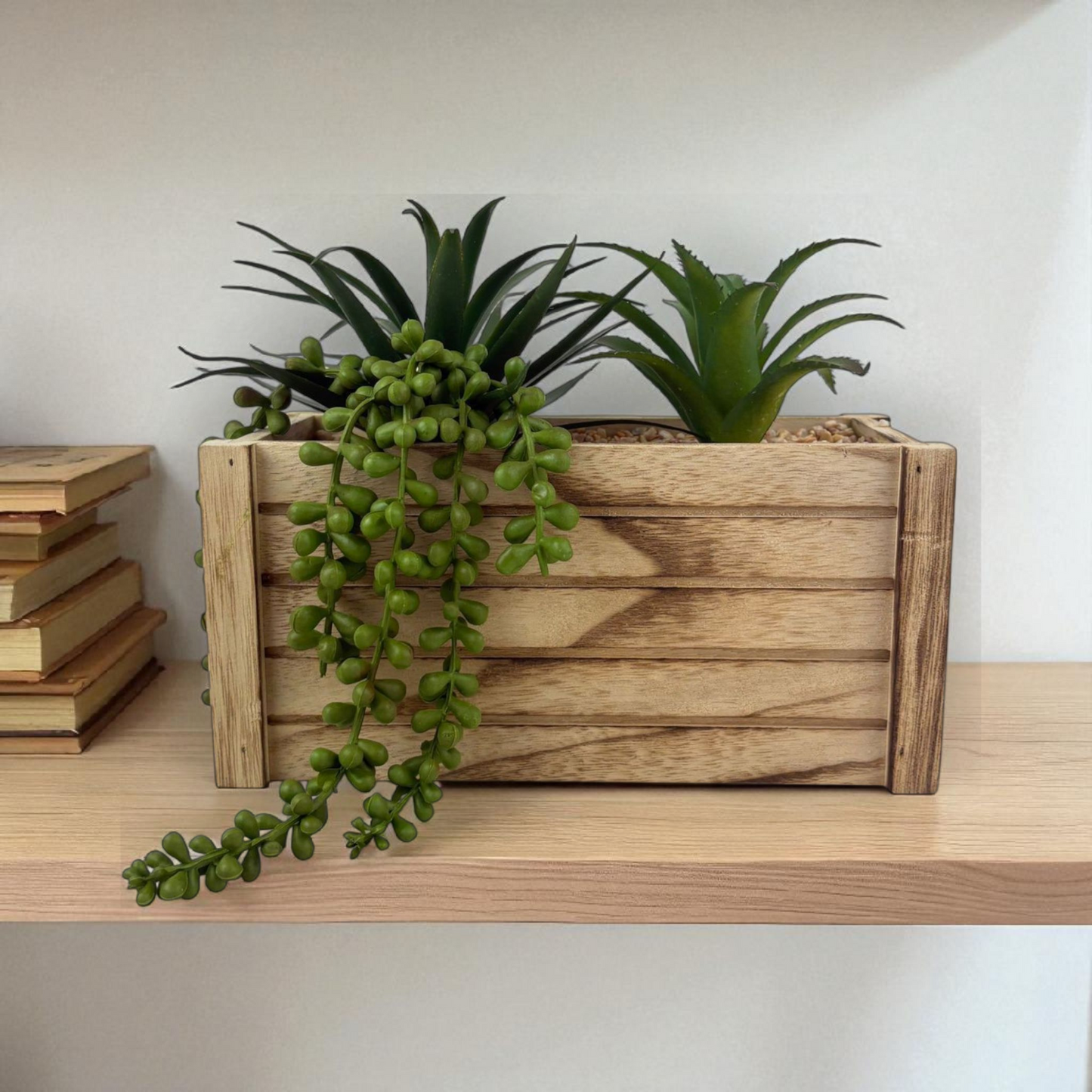 Artificial Succulent Plants in Rustic Wooden Box – Tabletop Décor