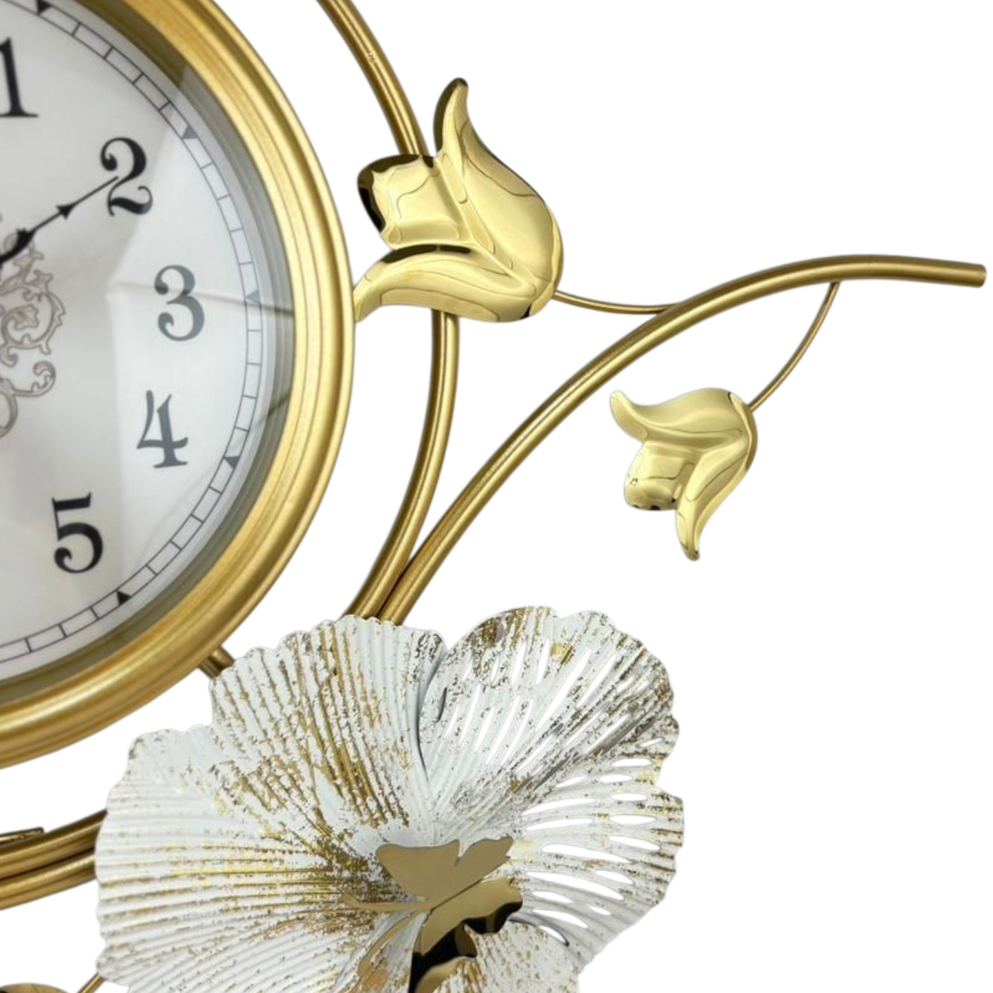 Luxury Floral Metal Wall Clock – Gold & White Leaf Design