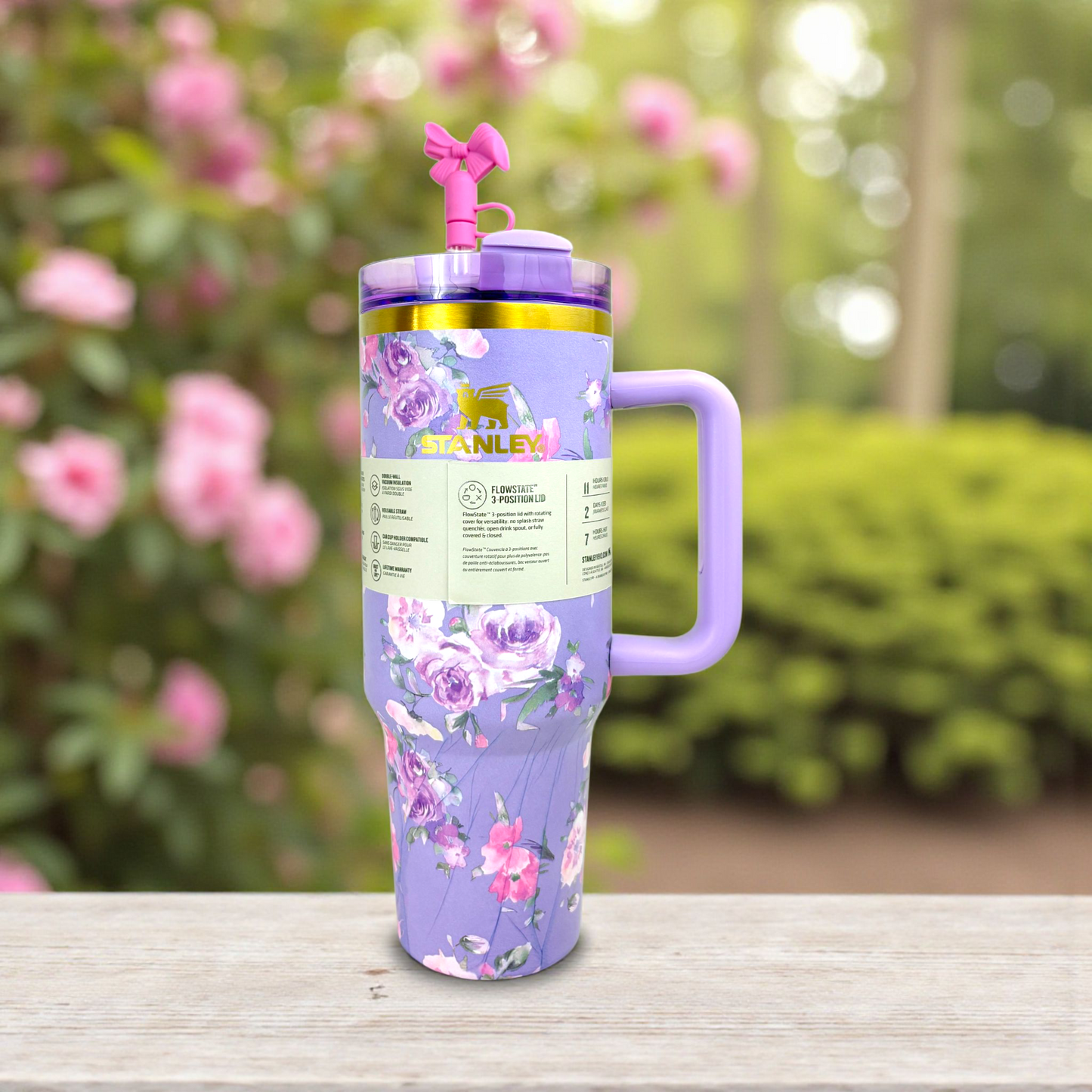 Stanley Quencher Purple Floral Edition – 1.2L Stainless Steel Insulated Tumbler with Handle & Straw (Elegant Flower Design)