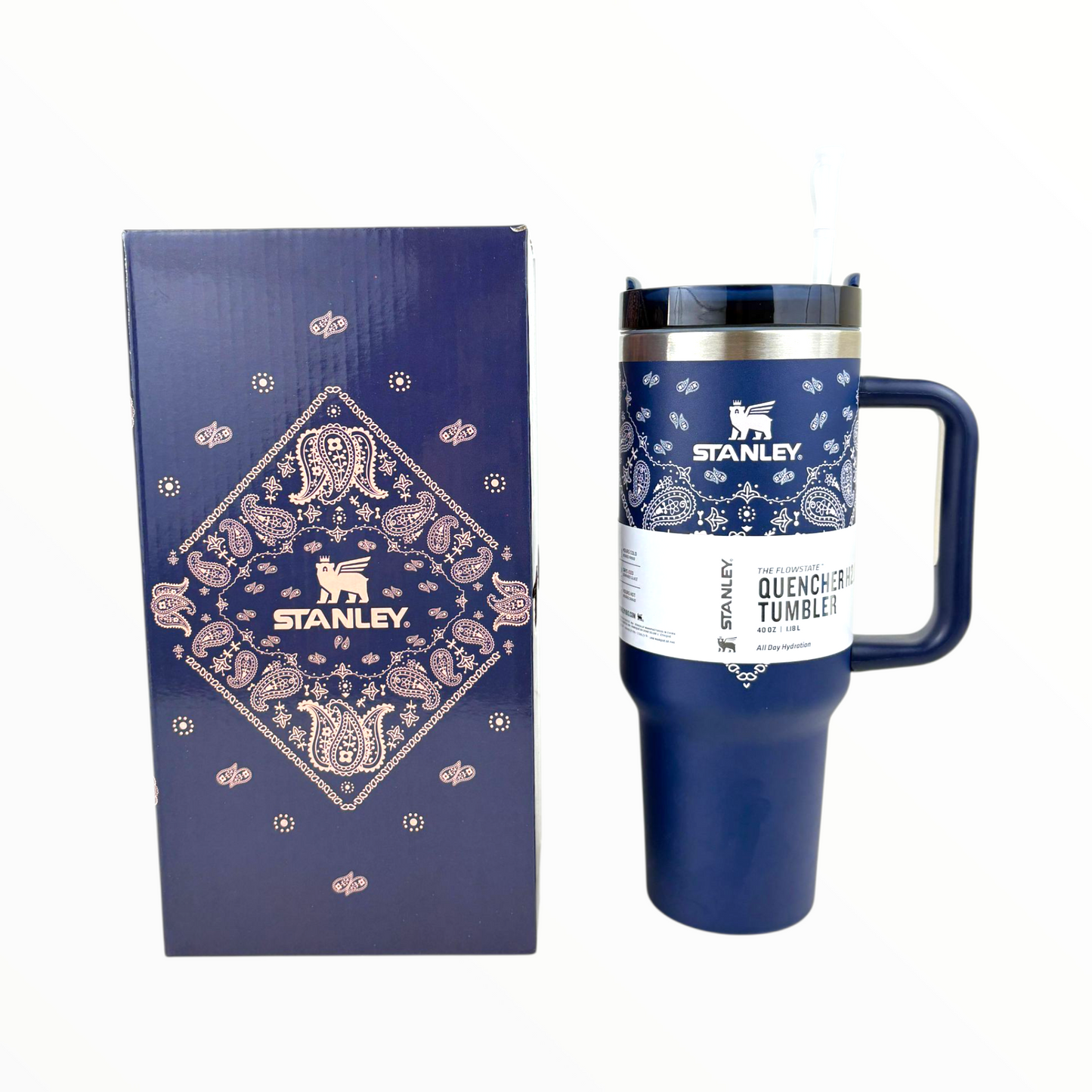 Stanley Quencher Navy Bandana Edition ā 1.2L Stainless Steel Insulated Tumbler with Handle & Straw (Classic Blue Design)