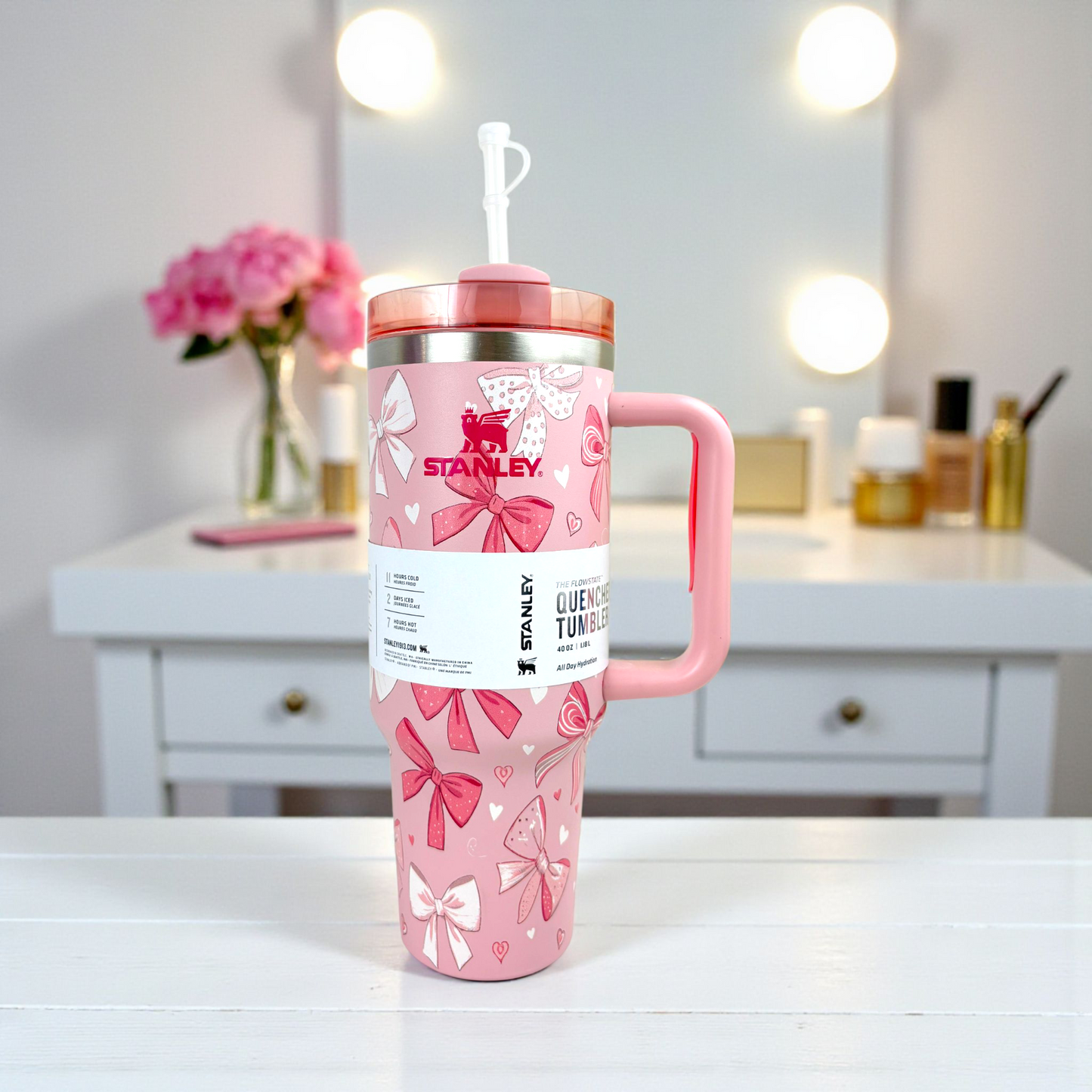 Stanley Quencher Pink Bow Edition – 1.2L Stainless Steel Insulated Tumbler with Handle & Straw (Pink Gift Design)